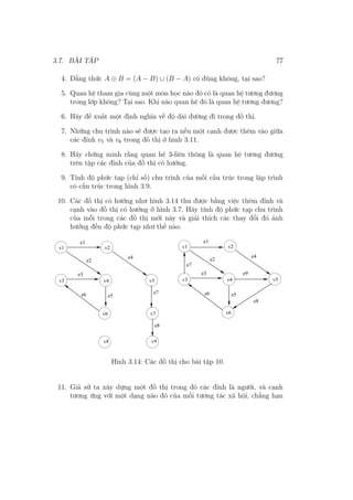 3.7. BÀI TẬP 77
4. Đẳng thức A ⊕ B = (A − B) ∪ (B − A) có đúng không, tại sao?
5. Quan hệ tham gia cùng một môn học nào đó có là quan hệ tương đương
trong lớp không? Tại sao. Khi nào quan hệ đó là quan hệ tương đương?
6. Hãy đề xuất một định nghĩa về độ dài đường đi trong đồ thị.
7. Những chu trình nào sẽ được tạo ra nếu một cạnh được thêm vào giữa
các đỉnh v5 và v6 trong đồ thị ở hình 3.11.
8. Hãy chứng minh rằng quan hệ 3-liên thông là quan hệ tương đương
trên tập các đỉnh của đồ thị có hướng.
9. Tính độ phức tạp (chỉ số) chu trình của mỗi cấu trúc trong lập trình
có cấu trúc trong hình 3.9.
10. Các đồ thị có hướng như hình 3.14 thu được bằng việc thêm đỉnh và
cạnh vào đồ thị có hướng ở hình 3.7. Hãy tính độ phức tạp chu trình
của mỗi trong các đồ thị mới này và giải thích các thay đổi đó ảnh
hưởng đến độ phức tạp như thế nào.
e1
e4
e3
e5
v1 v2
v3 v4
v6
v5
e2
e6
e1
e4
e3
e5
v1 v2
v3 v4
v6
v5
e2
e6
v7
v8 v9
e7
e8
e9
e7
e8
Hình 3.14: Các đồ thị cho bài tập 10.
11. Giả sử ta xây dựng một đồ thị trong đó các đỉnh là người, và cạnh
tương ứng với một dạng nào đó của mối tương tác xã hội, chẳng hạn
 