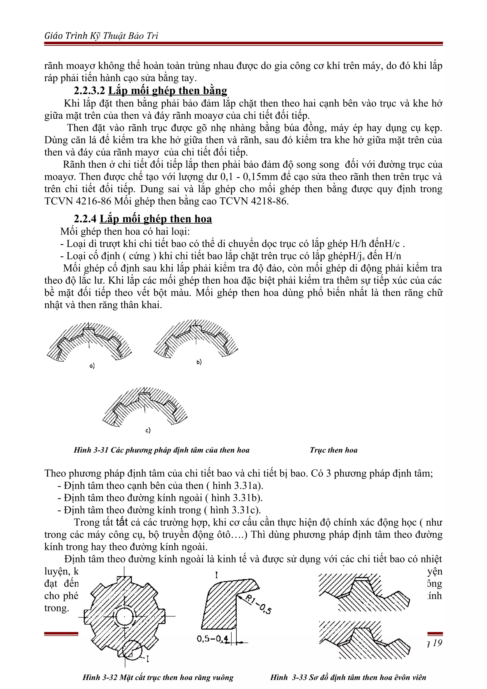 Giáo Trình Kỹ Thuật Bảo Trì
rãnh moayơ không thể hoàn toàn trùng nhau được do gia công cơ khí trên máy, do đó khi lắp
ráp phải tiến hành cạo sửa bằng tay.
2.2.3.2 Lắp mối ghép then bằng
Khi lắp đặt then bằng phải bảo đảm lắp chặt then theo hai cạnh bên vào trục và khe hở
giữa mặt trên của then và đáy rãnh moayơ của chi tiết đối tiếp.
Then đặt vào rãnh trục được gõ nhẹ nhàng bằng búa đồng, máy ép hay dụng cụ kẹp.
Dùng căn lá để kiểm tra khe hở giữa then và rãnh, sau đó kiểm tra khe hở giữa mặt trên của
then và đáy của rãnh mayơ của chi tiết đối tiếp.
Rãnh then ở chi tiết đối tiếp lắp then phải bảo đảm độ song song đối với đường trục của
moayơ. Then được chế tạo với lượng dư 0,1 - 0,15mm để cạo sửa theo rãnh then trên trục và
trên chi tiết đối tiếp. Dung sai và lắp ghép cho mối ghép then bằng được quy định trong
TCVN 4216-86 Mối ghép then bằng cao TCVN 4218-86.
2.2.4 Lắp mối ghép then hoa
Mối ghép then hoa có hai loại:
- Loại di trượt khi chi tiết bao có thể di chuyển dọc trục có lắp ghép H/h đếnH/c .
- Loại cố định ( cứng ) khi chi tiết bao lắp chặt trên trục có lắp ghépH/js đến H/n
Mối ghép cố định sau khi lắp phải kiểm tra độ đảo, còn mối ghép di động phải kiểm tra
theo độ lắc lư. Khi lắp các mối ghép then hoa đặc biệt phải kiểm tra thêm sự tiếp xúc của các
bề mặt đối tiếp theo vết bột màu. Mối ghép then hoa dùng phổ biến nhất là then răng chữ
nhật và then răng thân khai.
Hình 3-31 Các phương pháp định tâm của then hoa Trục then hoa
Theo phương pháp định tâm của chi tiết bao và chi tiết bị bao. Có 3 phương pháp định tâm;
- Định tâm theo cạnh bên của then ( hình 3.31a).
- Định tâm theo đường kính ngoài ( hình 3.31b).
- Định tâm theo đường kính trong ( hình 3.31c).
Trong tất tất cả các trường hợp, khi cơ cấu cần thực hiện độ chính xác động học ( như
trong các máy công cụ, bộ truyền động ôtô….) Thì dùng phương pháp định tâm theo đường
kính trong hay theo đường kính ngoài.
Định tâm theo đường kính ngoài là kinh tế và được sử dụng với các chi tiết bao có nhiệt
luyện, không qua gia công tinh cũng như trong các trường hợp chi tiết bao được nhiệt luyện
đạt đến độ cứng cho phép gia công chuốt theo dưỡng. Nếu độ cứng của chi tiết bao không
cho phép tiến hành chuốt theo dưỡng thì tiến hành phương pháp định tâm theo đường kính
trong.
Trang 19
Hình 3-32 Mặt cắt trục then hoa răng vuông Hình 3-33 Sơ đồ định tâm then hoa êvôn viên
 