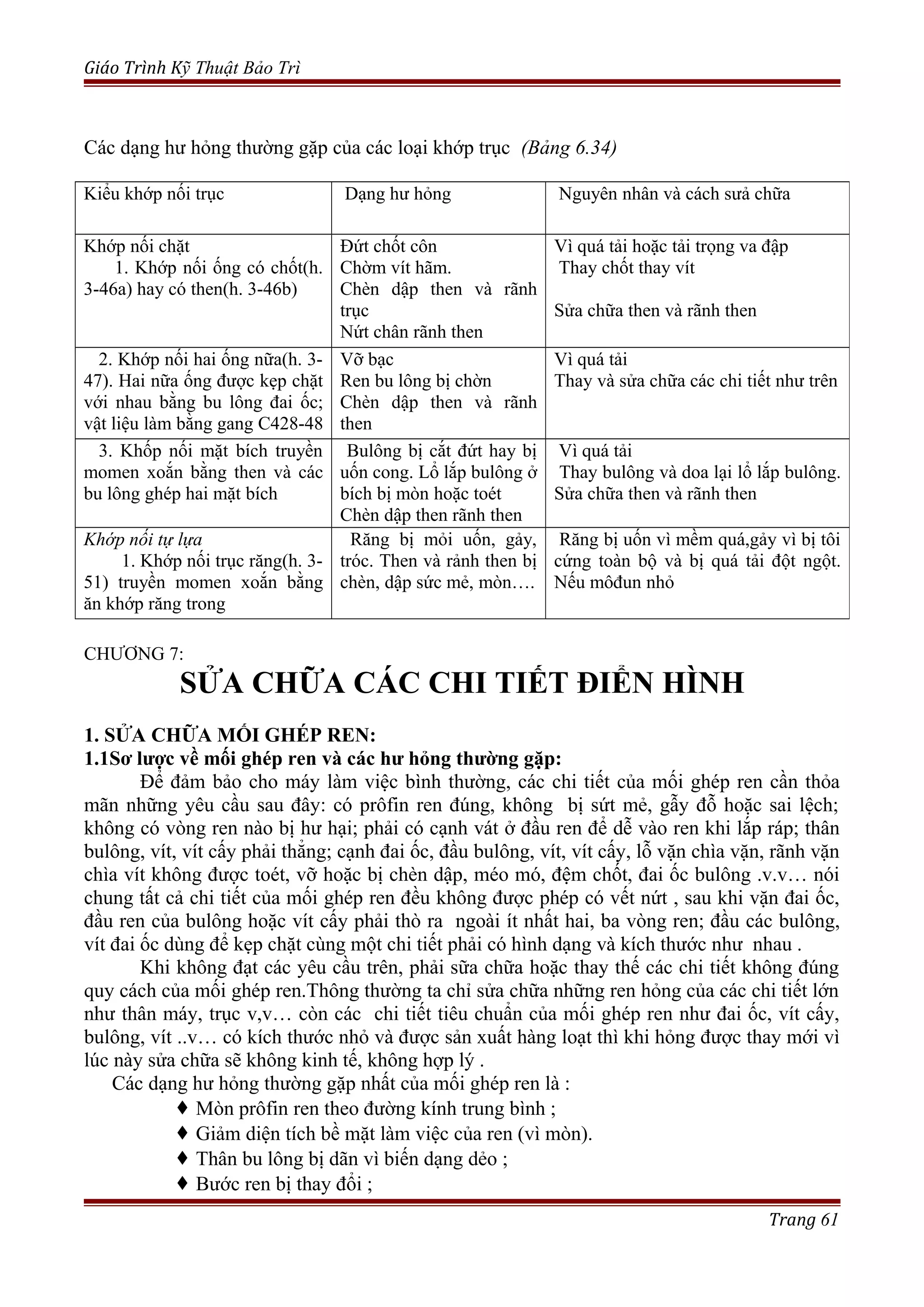 Giáo Trình Kỹ Thuật Bảo Trì
Các dạng hư hỏng thường gặp của các loại khớp trục (Bảng 6.34)
CHƯƠNG 7:
SỬA CHỮA CÁC CHI TIẾT ĐIỂN HÌNH
1. SỬA CHỮA MỐI GHÉP REN:
1.1Sơ lược về mối ghép ren và các hư hỏng thường gặp:
Để đảm bảo cho máy làm việc bình thường, các chi tiết của mối ghép ren cần thỏa
mãn những yêu cầu sau đây: có prôfin ren đúng, không bị sứt mẻ, gẫy đỗ hoặc sai lệch;
không có vòng ren nào bị hư hại; phải có cạnh vát ở đầu ren để dễ vào ren khi lắp ráp; thân
bulông, vít, vít cấy phải thẳng; cạnh đai ốc, đầu bulông, vít, vít cấy, lỗ vặn chìa vặn, rãnh vặn
chìa vít không được toét, vỡ hoặc bị chèn dập, méo mó, đệm chốt, đai ốc bulông .v.v… nói
chung tất cả chi tiết của mối ghép ren đều không được phép có vết nứt , sau khi vặn đai ốc,
đầu ren của bulông hoặc vít cấy phải thò ra ngoài ít nhất hai, ba vòng ren; đầu các bulông,
vít đai ốc dùng để kẹp chặt cùng một chi tiết phải có hình dạng và kích thước như nhau .
Khi không đạt các yêu cầu trên, phải sữa chữa hoặc thay thế các chi tiết không đúng
quy cách của mối ghép ren.Thông thường ta chỉ sửa chữa những ren hỏng của các chi tiết lớn
như thân máy, trục v,v… còn các chi tiết tiêu chuẩn của mối ghép ren như đai ốc, vít cấy,
bulông, vít ..v… có kích thước nhỏ và được sản xuất hàng loạt thì khi hỏng được thay mới vì
lúc này sửa chữa sẽ không kinh tế, không hợp lý .
Các dạng hư hỏng thường gặp nhất của mối ghép ren là :
Mòn prôfin ren theo đường kính trung bình ;
Giảm diện tích bề mặt làm việc của ren (vì mòn).
Thân bu lông bị dãn vì biến dạng dẻo ;
Bước ren bị thay đổi ;
Trang 61
Kiểu khớp nối trục Dạng hư hỏng Nguyên nhân và cách sưả chữa
Khớp nối chặt
1. Khớp nối ống có chốt(h.
3-46a) hay có then(h. 3-46b)
Đứt chốt côn
Chờm vít hãm.
Chèn dập then và rãnh
trục
Nứt chân rãnh then
Vì quá tải hoặc tải trọng va đập
Thay chốt thay vít
Sửa chữa then và rãnh then
2. Khớp nối hai ống nữa(h. 3-
47). Hai nữa ống được kẹp chặt
với nhau bằng bu lông đai ốc;
vật liệu làm bằng gang C428-48
Vỡ bạc
Ren bu lông bị chờn
Chèn dập then và rãnh
then
Vì quá tải
Thay và sửa chữa các chi tiết như trên
3. Khốp nối mặt bích truyền
momen xoắn bằng then và các
bu lông ghép hai mặt bích
Bulông bị cắt đứt hay bị
uốn cong. Lổ lắp bulông ở
bích bị mòn hoặc toét
Chèn dập then rãnh then
Vì quá tải
Thay bulông và doa lại lổ lắp bulông.
Sửa chữa then và rãnh then
Khớp nối tự lựa
1. Khớp nối trục răng(h. 3-
51) truyền momen xoắn bằng
ăn khớp răng trong
Răng bị mỏi uốn, gảy,
tróc. Then và rảnh then bị
chèn, dập sức mẻ, mòn….
Răng bị uốn vì mềm quá,gảy vì bị tôi
cứng toàn bộ và bị quá tải đột ngột.
Nếu môđun nhỏ
 