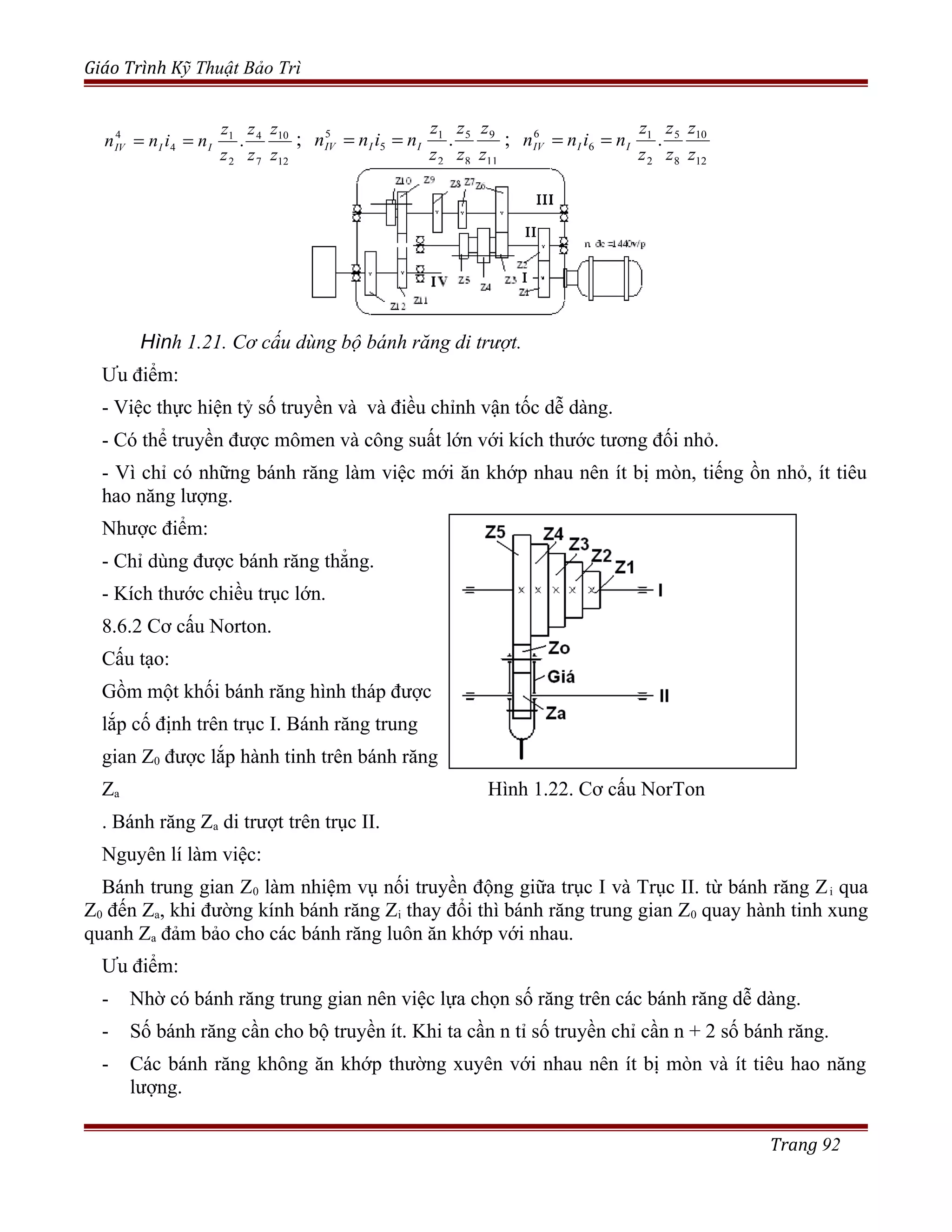 Giáo Trình Kỹ Thuật Bảo Trì
12
10
7
4
2
1
4
4
.
z
z
z
z
z
z
ninn IIIV == ;
11
9
8
5
2
1
5
5
.
z
z
z
z
z
z
ninn IIIV == ;
12
10
8
5
2
1
6
6
.
z
z
z
z
z
z
ninn IIIV ==
Hình 1.21. Cơ cấu dùng bộ bánh răng di trượt.
Ưu điểm:
- Việc thực hiện tỷ số truyền và và điều chỉnh vận tốc dễ dàng.
- Có thể truyền được mômen và công suất lớn với kích thước tương đối nhỏ.
- Vì chỉ có những bánh răng làm việc mới ăn khớp nhau nên ít bị mòn, tiếng ồn nhỏ, ít tiêu
hao năng lượng.
Nhược điểm:
- Chỉ dùng được bánh răng thẳng.
- Kích thước chiều trục lớn.
8.6.2 Cơ cấu Norton.
Cấu tạo:
Gồm một khối bánh răng hình tháp được
lắp cố định trên trục I. Bánh răng trung
gian Z0 được lắp hành tinh trên bánh răng
Za Hình 1.22. Cơ cấu NorTon
. Bánh răng Za di trượt trên trục II.
Nguyên lí làm việc:
Bánh trung gian Z0 làm nhiệm vụ nối truyền động giữa trục I và Trục II. từ bánh răng Zi qua
Z0 đến Za, khi đường kính bánh răng Zi thay đổi thì bánh răng trung gian Z0 quay hành tinh xung
quanh Za đảm bảo cho các bánh răng luôn ăn khớp với nhau.
Ưu điểm:
- Nhờ có bánh răng trung gian nên việc lựa chọn số răng trên các bánh răng dễ dàng.
- Số bánh răng cần cho bộ truyền ít. Khi ta cần n tỉ số truyền chỉ cần n + 2 số bánh răng.
- Các bánh răng không ăn khớp thường xuyên với nhau nên ít bị mòn và ít tiêu hao năng
lượng.
Trang 92
 