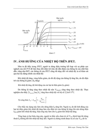 Giáo trình Linh Kiện Điện Tử 
IV. 
điện trở (tức độ dẫn điện) của thông lộ của chất bán 
dẫn. 
ộ tăng, vùng hiếm giảm, do đó độ rộng của thông lộ tăng lên, do đó điện 
trở củ 
2 4 6 8 VDS (volt) 
VGS = -4V 
VGS = -3V 
VGS = -2V 
VGS = -1V 
VGS = 0V 
ID(mA) 
VP 
0 
ẢNH HƯỞNG CỦA NHIỆT ĐỘ TRÊN JFET. Như ta đã thấy trong JFET, người ta dùng điện trường kết hợp với sự phân cực nghịch của nối P-N để làm thay đổi 
ƯỞNG cũng như BJT, các thông số của JFET cũng rất nhạy đối với nhiệt độ, ta sẽ khảo sát qua hai tác động chính của nhiệt độ: Khi nhiệt đcũng đ 
a thông lộ giảm. (ID tăng) Khi nhiệt độ tăng, độ linh động của các hạt tải điện giảm (ID giảm) Do thông lộ tăng rộng theo nhiệt độ nên VGS(off) cũng tăng theo nhiệt độ. Thực nghiệm cho thấy P)off(GSVhay V tăng theo nhiệt độ với hệ số 2,2mV/10C. 
Từ công thức: 
2)off(GSGSDSSDVV1II⎥⎥⎦ ⎤ ⎢⎢⎣⎡ −= Cho thấy tác dụng này làm cho dòng điện ID tăng lên. Ngoài ra, do độ linh động của 
hạt tải điện giảm khi nhiệt độ tăng làm cho điện trở của thông lộ tăng lên nên dòng điện 
IDSS giảm khi nhiệt độ tăng, hiệu ứng này làm cho ID giảm khi nhiệt độ tăng. 
Tổng hợp cả hai hiệu ứng này, người ta thấy nếu chọn trị số VGS thích hợp thì dòng 
thoát ID không đổi khi nhiệt độ thay đổi. Người ta chứng minh được trị số của VGS đó là: 
VGS = VGS(off) = -8V 
VGS(off) -8 -6 -4 -2 
VGS = -6V 
12 
9 
6 
3 
Đặc tuyến 
truyền 
tuyến 
õ ra 
Đặc ngHình 17 
Trang 100 Biên soạn: Trương Văn Tám 
 