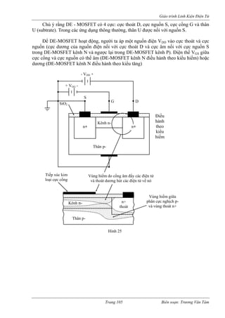 Giáo trình Linh Kiện Điện Tử 
Chú ý rằng DE - MOS thoát D, cực nguồn S, cực cổng G và thân 
U (subtrate). Trong các ứng dụng thông thường, thân U được nối với nguồn S. 
Đ SFET hoạt động, người ta áp điện VDD vào cực thoát và cực 
nguồn ( ng của ngu iện nối với cực thoát D và cực âm nối với cực nguồn S 
trong DE-MOSFET kênh N và ngược lại trong DE-MOSFET kênh P). Điện thế VGS giữa 
cực cổ nguồn có thể âm (DE-MOSFET kênh N điều hành theo kiểu hiếm) hoặc 
dương SFET kênh iều hành theo kiểu tăng) 
FET có 4 cực: cực 
ể DE-MOcực dươ 
một nguồn 
ồn đ 
ng và cực (DE-MO 
N đ 
S 
Thân p-n+ 
Kênh n- 
G 
SiO D 2 
- VDD + 
+ VGG - 
n+ 
Thân p- 
Kênh n- n+ 
thoát 
Vùng hiếm do cổng âm đẩy các điện tử 
và thoát dương hút các điện tử về nó 
Tiếp xúc kim 
loại cực cổng 
Vùng hiếm giữa 
phân cực nghịch p-và 
vùng thoát n+ 
Điều 
hành 
theo 
kiểu 
hiếm 
Hình 25 
Trang 105 Biên soạn: Trương Văn Tám 
 