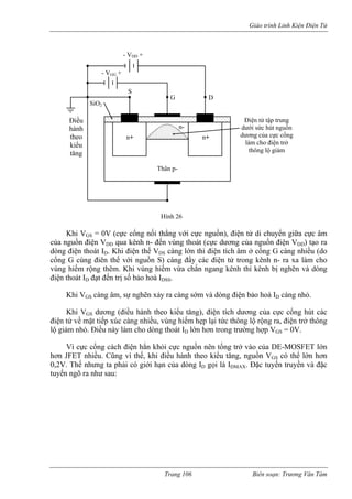 Giáo trình Linh Kiện Điện Tử 
Khi VGS = c cổn ẳng ực ngu ử di chuyển giữa cực âm 
của nguồn điện V qua kênh n- đến vùng thoát (cự của nguồn điện VDD) tạo ra 
dòng điện thoát ID. Khi điện thế VDS càng lớn thì điện tích âm ở c g G càng nhiều (d 
cổng G cùng điên thế với nguồn S) càng đẩy các điện tử trong kênh n- ra xa làm cho 
vùng hiếm rộng thêm. Khi vùng hiếm vừa chắn ngang kênh thì kênh bị nghẽn và dòng 
điện thoát ID đạt đến trị số bảo hoà IDSS. 
Khi VGS càng âm, sự nghẽn xảy ra càng sớm và dòng điện bảo hoà ID càng . 
Khi VGS dương (điều hành theo kiểu tăng), điện tích dương của cực cổng h 
điện tử về mặt tiếp xúc càn vùng hiếm hẹp lại tức thông lộ g ra, điện trở th 
lộ giảm nhỏ. Điều này làm cho dòng thoát ID lớn hơn trong trường h GS = 0V. 
Vì cực cổng cách điện hẳn khỏi cực nguồ của DE-MOSFET lớn 
hơn JFET nhiều. Cũng vì t điều hành theo kiểu tăng, nguồn VGS có thể n hơn 
0,2V. Thế nhưng ta phải có giới hạn của dòng là IDMAX. Đặc tuyến truyền và đặc 
tuyến ngõ ra như sau: 
Thân p-n-n+ 
S 
G 
D 
SiO2 
- VDD 
- VGG + 
n+ 
Điện tử tập trung 
dưới sức hút nguồn 
dương của cực cổng 
làm cho điện trở 
thông lộ giảm 
Điều 
hành 
theo 
kiểu 
tăng 
Hình 26 
+ 
0V (cự 
g nối th 
với c 
ồn), điện tc dương 
DD 
ổn 
o 
nhỏ 
út các ông 
g nhiều, 
rộnợp V 
n nên tổng trở vào 
lớ 
hế, khi 
ID gọi Trang 106 Biên soạn: Trương Văn Tám 
 