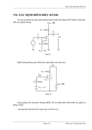 Giáo trình Linh Kiện Điện Tử 
VII. XÁC ĐỊNH ĐIỂM ĐIỀU HÀNH: 
Ta xem mô hình của một mạch khuếch đại tín hiệu nhỏ dùng JFET kênh N mắc theo kiểu cực nguồn chung ~ C2 C1 RD = 820Ω RG 100KΩ v0(t) vGS(t) + - +VDD = 20V-VGG = -1V Hìn 
h 33 
Mạch tương đương một chiều (tức mạch phân cực) như sau: 
ũng giống như transistor thường (BJT), để xác định điểm điều hành Q, người ta 
dùng 3 bước: 
p dụng định luật Krichoff ở mạch ngõ vào để tìm VGS. 
C 
ÁRD = 820Ω VGS 
+ 
- 
VDD = 20V 
Hình 34 
VGG = -1V 
+ 
- 
VDS 
IGSS 
ID 
RG 100KΩ 
Trang 111 Biên soạn: Trương Văn Tám 
 