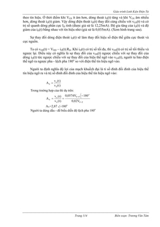 Giáo trình Linh Kiện Điện Tử 
theo tín hiệu. Ở thời điểm khi VGS ít âm hơn, dòng thoát iD(t) tăng và khi VGS âm nhiều 
hơn, dòng thoát i (t) giảm. Vậy dòng điện thoát i (t) thay đổi cùng chiều với vGS(t) và có 
trị số ,25mA). Độ gia tăng của iD(t) và độ 
giảm của i (t) bằng nhau với tín hiệu nhỏ (giả sử là 0,035mA). (Xem hình trang sau). 
m thay đổi hiệu số điện thế giữa cực thoát và 
cực nguồn. 
Ta có vDS(t) = VDD – iD(t).RD. Khi iD(t) có trị s tối đa, thì vDS(t) có trị số tối thiểu và 
ngượ lại. Điều này có nghĩa là sự thay đổi của vDS(t) ngược chiều với sự thay đổi của 
dòng iD(t) tức ngược chiều với s đổi của hiệu thế ngõ vào vGS(t), người ta bảo điện 
thế ngõ ra ngược pha - lệch pha 180o iện thế tín hiệu ngõ vào. 
i là tỉ số đỉnh đối đỉnh của hiệu thế 
tín hiệu ngõ ra và trị số đ đỉnh của hiệu thế tín hiệu ngõ vào: 
DD quanh dòng phân cực ID tỉnh (được giả sử là 12 
DSự thay đổi dòng điện thoát iD(t) sẽ là 
ố 
c 
ự thay 
so với đ 
Người ta định nghĩa độ lợi của mạch khuếch đạ 
ỉnh đối 
)t(vSVTrong trường hợp của thí dụ trên: 
A = vo (t) 
PP− 
o 
P P 
S 
o 
V 0,02V 
0,0574V 180 
v (t) 
v (t) 
A − − 
= = 
=2,87 ∠-180o 
dấu - để biểu diễn độ lệch pha 180o 
AVNgười ta dùng 
Trang 114 Biên soạn: Trương Văn Tám 
 