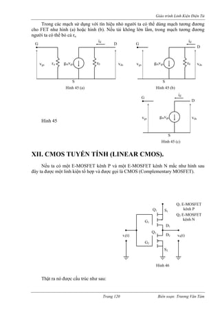 Giáo trình Linh Kiện Điện Tử 
Trong các mạch sử dụng với tín hiệu nhỏ người ta có thể dùng mạch tương đương 
cho FET như hình (a) hoặc hình (b). Nếu tải không lớn lắm, trong mạch tương đương 
ình 45 
XII. CMOS TUYẾN TÍNH (LINEAR CMOS). 
một E-MOSFET kênh N mắc như hình sau 
đây t 
hật ra nó được cấu trúc như sau: 
i ta có thể bỏ cả ro 
ngườ 
H 
Nếu ta có một E-MOSFET kênh P và 
a được một linh kiện tổ hợp và được gọi là CMOS (Complementary MOSFET). 
T 
v 
G 
S 
rπ gmvgs r0 vds 
i 
Hình 45 (a) 
gsDd vgs 
D 
S 
gmvgs r0 vds 
id 
Hình 45 (b) 
vgs 
G 
D 
S 
gmvgs vds 
id 
Hình 45 (c) 
GG1 S1 D1 G2 
2 
S2 
D vi(t) v0(t) 
Q kênh P 
Q1 E-MOSFET Q2 E-MOSFET kênh N 1 Q2 Hình 46 
Trang 120 Biên soạn: Trương Văn Tám 
 