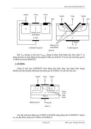 Giáo trình Linh Kiện Điện Tử 
Khi VGS dương và lớn hơn VGS(th), thông lộ được hình thành dọc theo rãnh V và 
òng electron sẽ chạy thẳng từ hai nguồn S đến cực thoát D. Vì lý do này nên được gọi là 
-MOS (Vertical MOSFET). 
2. D-MOS: 
khu 
Các đặc tính hoạt động của V-MOS và D-MOS cũng giống như E-MOSFET. Ngoài 
ra, các đặc điểm riêng của V-MOS và D-MOS là: 
Thông lộ sẽ 
hình thành 
p- thân 
n+ n+ 
Nguồn Cổng Thoát 
SiO2 
d 
V 
Cũng là một loại E-MOSFET hoạt động theo kiểu tăng, ứng dụng hiện tượng ếch tán đôi (double-diffused) nên được gọi là D-MOS. Có cấu trúc như sau: 
SGD 
Hình 50 
E-MOSFET kênh NThông lộ sẽ hình thành 
Nguồn 
S 
Cổng 
G SiO2 
Nguồn 
S 
n+ 
n-n+ 
n+ 
p p 
Thoát 
D 
V-MOS kênh Nn+n+ Thân n+ n- p+ p+ Nguồn SCổng GNguồn SThoát D DMOS kênh N Thông lộ sẽ hình thành Hình 51 
Trang 123 Biên soạn: Trương Văn Tám 
 
