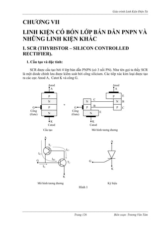 Giáo trình Linh Kiện Điện Tử 
CHƯƠNG VII 
P BÁN DẪN PNPN VÀ 
I. S 
át bởi cổng silicium. Các tíêp xúc kim loại được tạo 
ra các cực Anod A, Catot K và cổng G. 
LINH KIỆN CÓ BỐN LỚ 
NHỮNG LINH KIỆN KHÁC 
CR (THYRISTOR – SILICON CONTROLLED RECTIFIER). 1. Cấu tạo và đặc tính: SCR được cấu tạo bởi 4 lớp bán dẫn PNPN (có 3 nối PN). Như tên gọi ta thấy SCR là một diode chỉnh lưu được kiểm so 
Anod 
K 
Catod 
G 
Cổng 
(Gate) 
≈ 
P 
N 
P 
N 
Anod 
P 
N 
P 
A A 
K 
Catod 
G 
Cổng 
(Gate 
N 
N 
) P 
C 
B 
E 
C 
B 
E 
A 
A 
K 
K 
G 
IG 
IC2 
IC1 
IB2 
T1 
T2 G 
Cấu tạo Mô hình tương đương 
Mô hình tương đương Ký hiệu 
Hình 1 
Trang 126 Biên soạn: Trương Văn Tám 
 