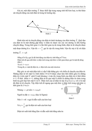 Giáo trình Linh Kiện Điện Tử 
Giả sử, một điện trường E được thiết lập trong mạng tinh thể kim loại, ta thử khảo sát chuyển động của một điện tử trong từ trường nầy. 
en 
e1 e2 
x 
Hình 2 
Hình trên mô tả chuyển động của điện tử dưới tácdụng của điện trường E. Quỹ đạo của điện tử là một đường gấp khúc vì điện tử chạm vào các ion dương và đổi hướng chuyển động. Trong thời gian t=n lần thời gian tự do trung bình, điện tử di chuyển được một đoạn đường là x. Vận tốc txv= gọi là vận tốc trung bình. Vận tốc này tỉ lệ với điện trường E. Evμ= 
Hằng số tỉ lệ μ gọi là độ linh động của điện tử, tính bằng m2/Vsec. 
Điện tích đi qua mỗi đơn vị diện tích trong một đơn vị thời gian được gọi là mật độ dòng điện J. 
Ta có: J = n.e.v 
Trong đó, n: mật độ điện tử, e: điện tích của một electron 
Bây giờ, ta xét một điện tích vi cấp S đặt thẳng góc với chiều di chuyển của điện tử. Những điện tử tới mặt S ở thời điểm t=0 (t=0 được chọn làm thời điểm gốc) là những điện tử ở trên mặt S’ cách S một khoảng v (vận tốc trung bình của điện tủ) ở thời điểm t=-1. Ở thời điểm t=+1, những điện tử đi qua mặt S chính là những điện tử chứa trong hình trụ giới hạn bởi mặt S và S’. Điện tích của số điện tử này là q=n.e.v.s, với n là mật độ điện tử di chuyển. Vậy điện tích đi ngang qua một đơn vị diện tích trong một đơn vị thời gian là: J=n.e.v 
t = -1 t = 0 
S’ S 
v 
Hình 3 
Nhưng nên Evμ=E..e.nJμ= 
Người ta đặt μ=σ.e.n (đọc là Sigma) 
Nên EJσ=σgọi là dẫn xuất của kim loại 
Và σ=ρ1 gọi là điện trở suất của kim loại 
Điện trở suất tính bằng Ωm và dẫn suất tính bằng mho/m Trang 13 Biên soạn: Trương Văn Tám 
 