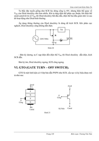 Giáo trình Linh Kiện Điện Tử 
Ta thấy đặc tuyến giống như SCR lúc dòng cổng IG=0V, nhưng điện thế quay về VBO của Diod shockley nhỏ hơn nhiều. Khi ta tăng điện thế phân cực thuận, khi điện thế anod-catod tới trị số VBO thì Diod shockley bắt đầu dẫn, điện thế hai đầu giảm nhỏ và sau 
đó ho 
- Bán kỳ dương C nạp điện đến điện thế VBO thì Diod shockley dẫn điện, kích 
SCR dẫn. 
Bán kỳ âm, Diod shoc ưng, SCR cũng ngưng. 
VI. GTO (GATE TURN – OFF SWITCH). 
ạt động như Diod bình thường. Áp dụng thông thường của Diod shockley là dùng để kích SCR. Khi phân cực nghịch, Diod shockley cũng không dẫn điện. 
110V/50Hz 
R 
C 
Tải 
Hình 20 
220V/50Hz 
, tụ 
kley ng 
GTO là một linh kiện có 4 lớp bán dẫn PNPN như SCR. cấu tạo và ký hiệu được mô tả như sau: 
N 
N 
Anod A 
K 
Catod 
P 
P 
G 
Cổng 
G 
Cổng 
A 
K 
Catod 
Hình 21 
Ký hiệu 
Anod 
Trang 138 Biên soạn: Trương Văn Tám 
 