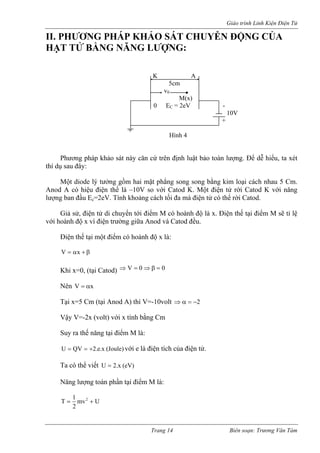 Giáo trình Linh Kiện Điện Tử 
II. PHƯƠNG PHÁP KHẢO SÁT CHUYỄN ĐỘNG CỦA HẠT TỬ BẰNG NĂNG LƯỢNG: 
K A 
5cm 
v0 
M(x) 
0 EC = 2eV - 
10V 
+ 
Hình 4 
Phương pháp khảo sát này căn cứ trên định luật bảo toàn lượng. Để dễ hiểu, ta xét thí dụ sau đây: 
Một diode lý tưởng gồm hai mặt phẳng song song bằng kim loại cách nhau 5 Cm. Anod A có hiệu điện thế là –10V so với Catod K. Một điện tử rời Catod K với năng lượng ban đầu Ec=2eV. Tính khoảng cách tối đa mà điện tử có thể rời Catod. 
Giả sử, điện tử di chuyển tới điểm M có hoành độ là x. Điện thế tại điểm M sẽ tỉ lệ với hoành độ x vì điện trường giữa Anod và Catod đều. 
Điện thế tại một điểm có hoành độ x là: 
β+α=xV 
Khi x=0, (tại Catod) 00V=β⇒=⇒ 
Nên xVα= 
Tại x=5 Cm (tại Anod A) thì V=-10volt 2−=α⇒ 
Vậy V=-2x (volt) với x tính bằng Cm 
Suy ra thế năng tại điểm M là: 
(Joule) x.e.2QVU+==với e là điện tích của điện tử. 
Ta có thể viết (eV) x.2U= 
Năng lượng toàn phần tại điểm M là: Umv21T2+= Trang 14 Biên soạn: Trương Văn Tám 
 