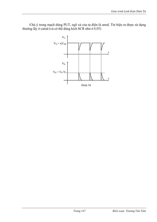Giáo trình Linh Kiện Điện Tử 
Chú ý trong mạch dùng PUT, ngõ xả của tụ điện là anod. Tín hiệu ra được sử dụng 
thường lấy ở catod (và có thể dùng kích SCR như ở UJT) 
VG VK = ηVBB 
t 
VK 
VK = VP-VV 
t Hình 34 
Trang 147 Biên soạn: Trương Văn Tám 
 