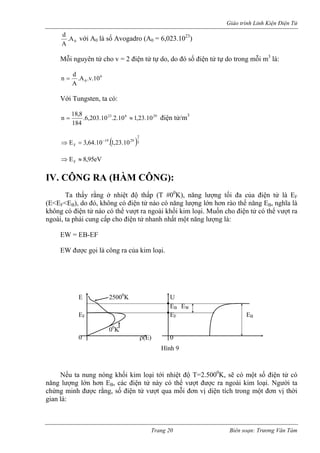 Giáo trình Linh Kiện Điện Tử 
0A. Ad với A0 là số Avogadro (A0 = 6,023.1023) 
Mỗi nguyên tử cho v = 2 điện tử tự do, do đó số điện tử tự do trong mỗi m3 là: 6010.v.A. Adn= 
Với Tungsten, ta có: 10.23,110.2.10.203,6.1848,18n29623≈=điện tử/m3 
()322919F10.23,1.10.64,3E−=⇒ 
eV95,8EF≈⇒ 
IV. CÔNG RA (HÀM CÔNG): 
Ta thấy rằng ở nhiệt độ thấp (T #00K), năng lượng tối đa của điện tử là EF (E<EF<EB), do đó, không có điện tử nào có năng lượng lớn hơn rào thế năng EB, nghĩa là không có điện tử nào có thể vượt ra ngoài khối kim loại. Muốn cho điện tử có thể vượt ra ngoài, ta phải cung cấp cho điện tử nhanh nhất một năng lượng là: 
EW = EB-EF 
EW được gọi là công ra của kim loại. 
E 25000K U 
EB EW 
EF EF EB 
00K 
0 ρ(E) 0 
Hình 9 
Nếu ta nung nóng khối kim loại tới nhiệt độ T=2.5000K, sẽ có một số điện tử có năng lượng lớn hơn EB, các điện tử này có thể vượt được ra ngoài kim loại. Người ta chứng minh được rằng, số điện tử vượt qua mỗi đơn vị diện tích trong một đơn vị thời gian là: 
Trang 20 Biên soạn: Trương Văn Tám 
 