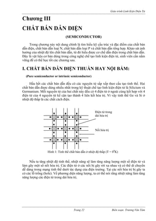 Giáo trình Linh Kiện Điện Tử 
Chương III 
CHẤT BÁN DẪN ĐIỆN 
(SEMICONDUCTOR) 
Trong chương này nội dung chính là tìm hiểu kỹ cấu trúc và đặc điểm của chất bán dẫn điện, chất bán dẫn loại N, chất bán dẫn loại P và chất bán dẫn tổng hợp. Khảo sát ảnh hưởng của nhiệt độ lên chất bán dẫn, từ đó hiểu được cơ chế dẫn điện trong chất bán dẫn. Đây là vật liệu cơ bản dùng trong công nghệ chế tạo linh kiện điện tử, sinh viên cần nắm vững để có thể học tốt các chương sau. 
I. CHẤT BÁN DẪN ĐIỆN THUẦN HAY NỘI BẨM: 
(Pure semiconductor or intrinsic semiconductor) 
Hầu hết các chất bán dẫn đều có các nguyên tử sắp xếp theo cấu tạo tinh thể. Hai chất bán dẫn được dùng nhiều nhất trong kỹ thuật chế tạo linh kiện điện tử là Silicium và Germanium. Mỗi nguyên tử của hai chất này đều có 4 điện tử ở ngoài cùng kết hợp với 4 điện tử của 4 nguyên tử kế cận tạo thành 4 liên kết hóa trị. Vì vậy tinh thể Ge và Si ở nhiệt độ thấp là các chất cách điện. 
Điện tử trong 
dải hóa trị 
Nối hóa trị 
Hình 1: Tinh thể chất bán dẫn ở nhiệt độ thấp (T = 00K) 
Nếu ta tăng nhiệt độ tinh thể, nhiệt năng sẽ làm tăng năng lượng một số điện tử và làm gãy một số nối hóa trị. Các điện tử ở các nối bị gãy rời xa nhau và có thể di chuyển dễ dàng trong mạng tinh thể dưới tác dụng của điện trường. Tại các nối hóa trị bị gãy ta có các lỗ trống (hole). Về phương diện năng lượng, ta có thể nói rằng nhiệt năng làm tăng năng lượng các điện tử trong dải hóa trị. 
Trang 22 Biên soạn: Trương Văn Tám 
 