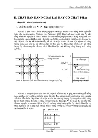 Giáo trình Linh Kiện Điện Tử 
II. CHẤT BÁN DẪN NGOẠI LAI HAY CÓ CHẤT PHA: 
(Doped/Extrinsic Semiconductor) 
1. Chất bán dẫn loại N: (N - type semiconductor) 
Giả sử ta pha vào Si thuần những nguyên tử thuộc nhóm V của bảng phân loại tuần hoàn như As (Arsenic), Photpho (p), Antimony (Sb). Bán kính nguyên tử của As gần bằng bán kính nguyên tử của Si nên có thể thay thế một nguyên tử Si trong mạng tinh thể. Bốn điện tử của As kết hợp với 4 điện tử của Si lân cận tạo thành 4 nối hóa trị, Còn dư lại một điện tử của As. Ở nhiệt độ thấp, tất cả các điện tử của các nối hóa trị đều có năng lượng trong dải hóa trị, trừ những điện tử thừa của As không tạo nối hóa trị có năng lượng ED nằm trong dải cấm và cách dẫy dẫn điện một khỏang năng lượng nhỏ chừng 0,05eV. 
trong dải cấm 
0,05eV 
Điện tử thừa của As 
Hình 4: Tinh thể chất bán dẫn ở nhiệt độ cao (T = 300 
Giả sử ta tăng nhiệt độ của tinh thể, một số nối hóa trị bị gãy, ta có những lỗ trống trong dải hóa trị và những điện tử trong dải dẫn điện giống như trong trường hợp của các chất bán dẫn thuần. Ngoài ra, các điện tử của As có năng lượng ED cũng nhận nhiệt năng để trở thành những điện tử có năng lượng trong dải dẫn điện. Vì thế ta có thể coi như hầu hết các nguyên tử As đều bị Ion hóa (vì khỏang năng lượng giữa ED và dải dẫn điện rất nhỏ), nghĩa là tất cả các điện tử lúc đầu có năng lượng ED đều được tăng năng lượng để trở thành điện tử tự do. 
Trang 24 Biên soạn: Trương Văn Tám 
Điện tử thừa của As E 
1,12eV Mức fermi tăng 
0K) Ở nhiệt độ T = 00K 
Si 
Si 
Si 
Si 
As 
Si 
Si 
Si 
Si 
Dải hóa trị 
E Dải dẫn điện 
Dải hóa trị 
Hình 5 
Dải dẫn điện  