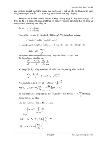 Giáo trình Linh Kiện Điện Tử 
các lỗ trống k ng bị mất và tiếp tục khuếch tán sang 
vùng N nhưng bị mất lần vì có sự tái hợp với các điện tử trong vùng này. 
Tương tự, sự khuếch tán của điện tử từ vùng N sang vùng P cũng tuân theo qui chế 
trên. Ta để ý là các đồ thị nhận m ục đối xứng vì tổng số các dòng điện lỗ trống và 
dòng điện tử phải bằng một hằng số 
n 1 nn 2 
J = Jpp(x1) + Jnp (x1) = Jpn(x2) + Jnn(x2) 
Dòng điện Jpn là dòng khuếch tán các lỗ trống, nên có trị số tại tiết diện x là: 
huếch tán thẳng ngang qua mà khô 
ột tr. 
Ta có: Jpp (x1) = Jpn(x2) J) = J(x) 
p (x 
Dòng điện J tạimột tiết diện bất kỳ là hằng số. Vậy tại x1 hoặc x2 ta có: dx)x(dP.D. 
e)x(J−= n 
pn p 
h Pn(x) 
Trong đó, Pn(x) là mật độ lỗ trống trong vùng N tại điểm x. Ta tínTa dùng phương trình liên tục: A.e1. xIPPPnnn0 
tp∂ 
p ∂ 
− 
Vì dòng đ n Jpn không phụ thuộc vào thời gian nên phương trình trở thành: 
τ∂ − −= ∂ 
iệ2pnn2n 
2 
L 
P P 
dx 
d P 0 
− 
= Trong đó ppp.DLτ= 
[]pLxxnnnnePxPPxP200.)()(2− − −=− Và có nghi ố là: 
ệm s[]02n2nppxxnp2pnP)x(PLD.edxdPD.e)x(J−=−= = Suy ra, 
pdpVdvT−= Ta chấp nhận khi có dòng điện qua m i nối, ta vẫn có biểu thức: 
ố như trong 
tr bằng. 
Lấy tích phân hai vế từ x1 đến x2 ta được: 
ường hợp nối cân 
∫∫ ≈ −= ppTp)x(ppVdv V p (x ) 
0 
n 2 
1 0 
B dp 
Ta được: 
Mà: VPPlogVVVV 
0n⎠⎝ 
p0 
B 0 T − ⎟ ⎟ ⎞ 
⎜ ⎜ ⎛ 
= − = 
Suy ra: ⎟⎟ ⎠ ⎞ ⎜⎜ ⎝ ⎛ = 0n2nTP)x(PlogVV 
Trang 36 Biên soạn: Trương Văn Tám 
 