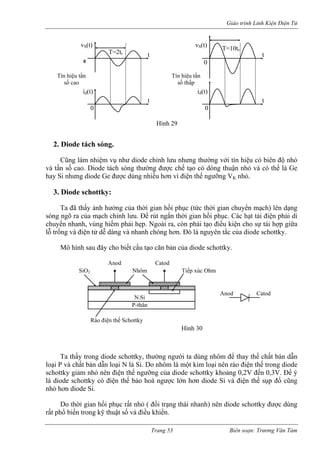 Giáo trình Linh Kiện Điện Tử 
vS(t) T=2trt t id(t) 0 
0 
2. Diode tách sóng. Cũng làm nhiệm vụ như diodHình 29 
Tín hiệu tần 
số cao 
vS(t) T=10tr 
t 
t 
id(t) 
0 
0 
Tín hiệu tần 
số thấp 
e chỉnh lưu nhưng thường với tín hiệu có biên độ nhỏ 
và tần số cao. Diode tách sóng thường được chế tạo có dòng thuận nhỏ và có thể là Ge 
hay S 
của diode schottky. 
a thấy trong diode schottky, th ười ta dùng nh ay thế chất bán dẫn 
loại P và chất bán dẫn loại N là Si. Do nhôm là một kim loại nên rào điện thế trong diode 
schottky giảm n ưỡng của diode schottky khoảng 0,2V đến 0,3V. Để ý 
là diode schott hoà ngược lớn hơn thế sụp đổ cũng 
nhỏ h n diode Si. 
o th i gian hồi phục rất nhỏ ( đổi trạng n diode schottky được dùng 
rất phổ biến trong kỹ thuật số và điều khiển. 
i nhưng diode Ge được dùng nhiều hơn vì điện thế ngưỡng VK nhỏ. 3. Diode schottky: 
Ta đã thấy ảnh hưởng của thời gian hồi phục (tức thời gian chuyển mạch) lên dạng sóng ngõ ra của mạch chỉnh lưu. Để rút ngắn thời gian hồi phục. Các hạt tải điện phải di chuyển nhanh, vùng hiếm phải hẹp. Ngoài ra, còn phải tạo điều kiện cho sự tái hợp giữa lỗ trống và điện tử dễ dàng và nhanh chóng hơn. Đó là nguyên tắc của diode schottky. Mô hình sau đây cho biết cấu tạo căn bản 
P-thânN.SiRào điện thế SchottkySiO2 Nhôm Anod CatodTiếp xúc Ohm∫ Anod CatodHình 30 
T 
ường ng 
ôm để th 
hỏ nên điện thế ngky có điện thế bảo 
diode Si và điện 
ơ 
D 
ờ 
th 
ái nhanh) nê 
Trang 53 Biên soạn: Trương Văn Tám 
 