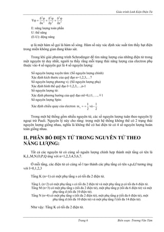 Giáo trình Linh Kiện Điện Tử 
222222zyxδϕδ+ δϕδ+ δϕδ=ϕ∇ 
E: năng lượng toàn phần 
U: thế năng 
(E-U): động năng 
ϕ là một hàm số gọi là hàm số sóng. Hàm số này xác định xác suất tìm thấy hạt điện trong miền không gian đang khảo sát. 
Trong khi giải phương trình Schrodinger để tìm năng lượng của những điện tử trong một nguyên tử duy nhất, người ta thấy rằng mỗi trạng thái năng lượng của electron phụ thuộc vào 4 số nguyên gọi là 4 số nguyên lượng: 
Số nguyên lượng xuyên tâm: (Số nguyên lượng chính) 
Xác định kích thước của quỹ đạo n=1,2,3,…7 
Số nguyên lượng phương vị: (Số nguyên lượng phụ) 
Xác định hình thể quỹ đạo l=1,2,3,…,n-1 
Số nguyên lượng từ: 
Xác định phương hướng của quỹ đạo ml=0,±1, …, m l 
Số nguyên lượng Spin: 
Xác định chiều quay của electron 21- và21ms+= 
Trong một hệ thống gồm nhiều nguyên tử, các số nguyên lượng tuân theo nguyên lý ngoại trừ Pauli. Nguyên lý này cho rằng: trong một hệ thống không thể có 2 trạng thái nguyên lượng giống nhau, nghĩa là không thể có hai điện tử có 4 số nguyên lượng hoàn toàn giống nhau. 
II. PHÂN BỐ ĐIỆN TỬ TRONG NGUYÊN TỬ THEO NĂNG LƯỢNG: 
Tất cả các nguyên tử có cùng số nguên lượng chính hợp thành một tầng có tên là K,L,M,N,O,P,Q ứng với n=1,2,3,4,5,6,7. 
Ở mỗi tầng, các điện tử có cùng số l tạo thành các phụ tầng có tên s,p,d,f tương ứng với l=0,1,2,3 
Tầng K (n=1) có một phụ tầng s có tối đa 2 điện tử. 
Tầng L (n=2) có một phụ tầng s có tối đa 2 điện tử và một phụ tầng p có tối đa 6 điện tử. 
Tầng M (n=3) có một phụ tầng s (tối đa 2 điện tử), một phụ tầng p (tối đa 6 điện tử) và một phụ tầng d (tối đa 10 điện tử). 
Tầng N (n=4) có một phụ tầng s (tối đa 2 điện tử), một phụ tầng p (tối đa 6 điện tử), một phụ tầng d (tối đa 10 điện tử) và một phụ tầng f (tối đa 14 điện tử). 
Như vậy: Tầng K có tối đa 2 điện tử. 
Trang 6 Biên soạn: Trương Văn Tám 
 