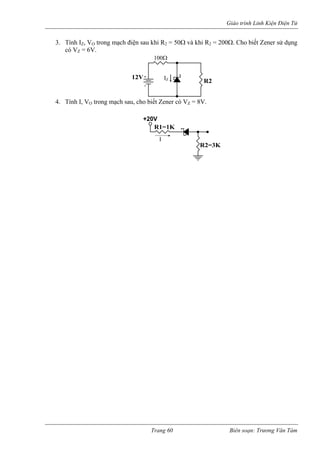 Giáo trình Linh Kiện Điện Tử 
ng mạch điện sau khi R2 = 50Ω và khi R2 = 200Ω. Cho biết Zener sử dụng 
Z = 8V. 
3. Tính IZ, VO trocó VZ = 6V. 
100Ω 
4. Tính I, VO trong mạch sau, cho biết Zener có V 
IZ R212V 
+20VR1=1K 
I 
R2=3K 
Trang 60 Biên soạn: Trương Văn Tám 
 