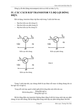 Giáo trình Linh Kiện Điện Tử 
Dòng IB rấ (hàng microa t nhỏ mpere) nên ta có thể coi như: IE # IC 
IV. CÁC CÁCH RÁP TRANSISTOR VÀ ĐỘ LỢI DÒNG 
ĐIỆ 
Khi sử dụng, transistor được ráp theo một trong 3 cách căn bản sau: 
áp theo kiểu cực thu chung (3) 
ực chung chính là cực được nối mass và dùng chung cho cả 
hai ngõ vào và ngõ ra. 
p, người ta định nghĩa độ lợi dòng điện một chiều như sau: 
N. 
− Ráp theo kiểu cực nền chung (1) − Ráp theo kiểu cực phát chung (2) − R 
I 
Trong 3 cách ráp trên, c 
Trong mỗi cách rávaøo ngoû ñieän Doøng 
rangoûñieänDoøngñeân øng= 
ido lôïi Ñoä 
Độ lợi dòng điện của transistor thường được dùng là độ lợi trong cách ráp cực phát 
chung và cực nền chung. Độ lợi dòng điện trong cách ráp cực phát chung được cho bởi: 
E IC 
vào ra 
Kiểu cực nền chung 
IEIB 
vào ra 
Kiểu cực thu chung 
IB 
IC 
vào 
ra 
Kiểu cực phát chung 
Hình 4 
Trang 64 Biên soạn: Trương Văn Tám 
 