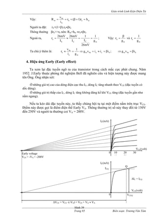 Giáo trình Linh Kiện Điện Tử 
ieebbbeinhr)1(rivR=+β+== 
Vậy: 
Người ta đặt: rπ=(1+β).re≈βre 
Thông thường βre>>rb nên: Rin=hie ≈rπ≈βre 
mgrβ=π và 
meg1r= 
Trang 85 Biên soạn: Trương Văn Tám 
Ngoài ra, mCCEeIr= 
g 
1 
I 
1 
I 
26mV ≈ 26mV = = ; Vậy: 
mV26Ta chú ý thêm là: bcebemmebeeiiivgg1ivrβ=≈=⇒=≈; bbemivgβ=⇒ 4. Hiệu ứng Early (Early effect) 
Ta xem lại đặc tuyến ngõ ra của transistor trong cách mắc cực phát chung. Năm 
1 2. J.Early t ộc phòng thí nghiệ đã nghiên cứu và hiện tượng này được mang 
tên Ông. Ông nhận xét: 
Ở ng giá trị cao c òng n cực thu IC, dòng IC tăng nhanh theo VCE (đặc tuyến có 
dốc đứng). 
những giá trị thấp của IC, dòng IC tăng không đáng kể khi VCE tăng (đặc tuyến gần như 
nằm ngang). 
Nếu ta kéo d tuyến này, ta thấy chúng hội tụ tại một điểm nằm trên trục VCE. 
Điểm này được gọi là điểm điện th A. Thông thường trị số này thay đổi từ 150V 
ến 250V và người ta thường coi VA . 
95 
hu 
m Bell 
nhữ 
ủa d 
điệ 
Ở 
ài đặc 
ế Early V = 200V 
đ 
0 30 
10 20 
40 50 
VCE(volt) 
voltage 
CE = -VA = -200V 
IC(mA) 
Early 
V 
0 
VCE(volt) 
IC(mA) ICQ 
VCEQ 
Q 
ΔIC = ICQ 
A ΔVCE = VCE -(-VA) = VCE + V ≈ VA 
Hình 39 
 