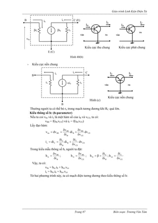 Giáo trình Linh Kiện Điện Tử 
- Kiểu cực nền chung 
o C 
Kiểu thông số h: (h-parameter) 
Nếu ta coi vbe và ic là một hàm số của iB và vCE, ta có: 
vBE = f(iB,vCE) và iC = f(iB,vCE) 
Lấy đạo hàm: 
Thường người ta có thể bỏ r trong mạch tương đương khi R quá lớn. CECEBEBBBEBEbedvvvdiivdvvδδ+ δδ== CECECBBCCcdvvidiiidiiδδ+ δδ== Trong kiểu mẫu thông số h, người ta đặt: 
; ivhBBEieδδ= CEBErevvhδδ= ; 
BCfeiihδδ=β=; CECoevihδδ= 
Vậy, ta có: 
vbe = hie.ib + hre.vce 
ic = hfe.ib + hoe.vce 
Từ hai phương trình này, ta có mạch điện tương đương theo kiểu thông số h: 
B (E) 
E (C) 
C 
vbe 
ib 
βre βib 
ro 
ic 
Hình 40(b) 
IB 
IC 
vào 
ra 
Kiểu cực phát chung 
IB 
IE 
vào ra 
Kiểu cực thu chung 
B 
C 
B 
ie 
re αie 
ic 
Hình (c) 
ro 
IE IC 
vào ra 
Kiểu cực nền chung 
Trang 87 Biên soạn: Trương Văn Tám 
 