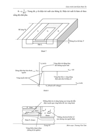Giáo trình Linh Kiện Điện Tử 
WT.Rρ=; T độ chất pha. L rong đó, n trở suất của thông lộ. Điện trở t là hàm số theo 
nồng 
ρ là điệ 
suấ 
Hình 7 
Dài L 
S G D 
Thông lộ có bề dày T 
Bề rộng W 
I (mA) D 
IDSS 
VDS (volt) 
VGS = 0V 
0 VP (Pinch-off voltage) 
Dòng điện bảo hòa thoát đổi không tuyến tính 
nguồn 
Vùng tuy 
ở động thay 
Vùng bảo hòa 
Vùng điện tr 
≈ 
ến tính vùng dòng 
điện gần như là hằng số 
Hình 8 
P Gate 
Thân P- (Gate) 
Những điệ ăng lượng cao trong dải dẫn 
điện xuyê hiếm để vào vùng thoát 
Kênh n-n+ thoát Drain 
Trang 95 Biên soạn: Trương Văn Tám 
n tử có nn qua vùng 
Vùng hiếm chạm nhau 
(thông lộ bị nghẽn) 
Những electron bị hút về 
cực dương của nguồn điện 
 