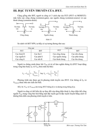 Giáo trình Linh Kiện Điện Tử 
Trang 99 Biên soạn: Trương Văn Tám 
III. ĐẶC TUYẾ 
mon-source) và cực 
ới BJT NPN, ta thấy có sự tương đương như sau: 
Các cực Cách mắc 
N TRUYỀN CỦA JFET. 
Cũng giống như BJT, người ta cũng có 3 cách ráp của FET (JFET và MOSFET): mắc kiểu cực cổng chung (common-gate), cực nguồn chung (com 
thoát chung (common-drain). D 
S 
G 
Tín hiệu 
vào 
Tín hiệu 
r 
Nguồn chung 
So sánh v 
FET BJT FET BJT 
Cự thoát D 
Cực nguồn S 
Cự cổng G 
Cực thu C 
Cực phát E 
Cực nền B 
Cực cổng chung 
Cực nguồn chung 
Cực thoát chung 
Cực nền chung 
Cực phát chung 
Cực thu chung 
c 
c 
Người ta chứng minh được khi VDS có trị số làm nghẽn thông lộ (JFET hoạt động 
trong vùng bảo hoà), ID và VGS thoả mãn hệ thức 
: 
2 
GS(off ) 
GS 
D DSS V 
V 
I I 1 
⎥ ⎥⎦ 
⎤ 
⎢ ⎢⎣ 
⎡ 
= − hay 
2PGSDSSDVV1II⎥⎦ ⎤ ⎢⎣ ⎡ += Phương trình y i là phương trình truyền của JFET. Các thông số ID và 
VGS(off) được nhà sả ết. 
Để ý là: VGS và VGS(off) âm trong JFET thông lộ n và dương trong thông lộ p. 
Người ta cũng có thể biểu tha i c n thoát ID n th ng 
nguồn VGS trong ằng một đặc tuyến gọi là đặc tuyến truyền bằng cách vẽ 
đường biểu diễn của phương trình truyền 
nà được gọn xuất cho bi 
thị sự 
y đổ 
ủa dòng điệ theo điệ 
ế cổ 
vùng bảo hoà b 
ở trên. 
S D 
G 
Tín hiệu 
vào 
Tín hiệu 
Cổng chung 
ra 
a 
S 
D 
G 
Tín hiệu 
vào 
Tín hiệu 
ra 
Thoát chung 
Hình 15 
I 
VV 
VGG VDD 
- + 
+ - - + G D S VGS+ - + - VDSID 
Hình 16 
 