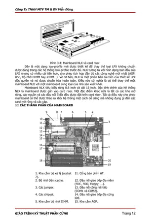 Công Ty TNHH MTV TM & DV Viễn Đông




                          Hình 3.4: Mainboard NLX và card riser.
       Đây là một dạng low-profile mới được thiết kế để thay thế loại LPX không chuẩn
được dùng trong các hệ thống low-profile trước đó. NLX tương tự với hình dạng ban đầu của
LPX nhưng có nhiều cải tiến hơn, cho phép tích hợp đầy đủ các công nghệ mới nhất (AGP,
USB, bộ nhớ DIMM hay RIMM…). Về cơ bản, NLX là một phiên bản cải tiến của thiết kế LPX
độc quyền và nó được chuẩn hóa hoàn toàn. Điều này có nghĩa là có thể thay thế một
mainboard NLX với một mainboard cùng loại của nhà sản xuất khác.
       Mainboard NLX tiêu biểu rộng 8.8 inch và dài 13 inch. Đặc tính chính của hệ thống
NLX là mainboard được gắn vào card riser. Một đặc điểm khác nữa là tất cả các khe mở
rộng, cáp nguồn và các đầu nối ổ đĩa đều được đặt trên card riser. Tất cả điều này cho phép
mainboard có thể được tháo ra khỏi hệ thống một cách dễ dàng mà không đụng gì đến các
card mở rộng và các cáp.
3.2. CÁC THÀNH PHẦN CỦA MAINBOARD

                       9         8   7       6          5     4

                  10
                  11                                                      3

                  12
                  13
                  14                                                      2
                  15

                  16
                                                                          1
                  17



                  18                                                      20
                                                                          19


               1. Khe cắm bộ xử lý (socket       11. Cổng bàn phím AT.
               7).
               2. Bộ nhớ đệm cache.              12. Đầu nối giao tiếp đĩa mềm
                                                 (FDC, FDD, Floppy, …).
               3. Các jumper.                    13. Đầu nối cổng nối tiếp
                                                 (COM1 và COM2).
               4. Các chipset.                   14. Đầu nối giao tiếp đĩa cứng
                                                 IDE.
               5. Khe cắm bộ nhớ SIMM.           15. Khe cắm AGP.



GIÁO TRÌNH KỸ THUẬT PHẦN CỨNG                                                     Trang 12
 