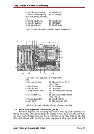 Công Ty TNHH MTV TM & DV Viễn Đông


                  6. Khe cắm bộ nhớ DIMM.       16. Khe cắm PCI.
                  7. Đầu nối cổng song song     17. Pin (battery).
                  (LPT, PRN, PRINT, PRINTER,
                  …).
                  8. Đầu nối nguồn ATX.         18. Khe cắm ISA.
                  9. Đầu nối nguồn AT.          19. ROM BIOS.
                  10. Lỗ gắn chân đế.           20. Các bộ ổn áp.

                   Hình 3.5: Các thành phần tiêu biểu của một mainboard AT.




         9   8    7    6 5 4 3                  2




                                                                1


                                                                16




 10


             11       12           13     14        15

                  1. Khe cắm bộ xử lý (socket   9. Khe cắm CNR.
                  370).
                  2. Các cổng tích hợp.         10. Đầu nối cho các dây tín
                                                hiệu từ Case
                  3. Đầu nối audio.             11. Pin (battery).
                  4. Khe cắm AGP.               12. Các chipset.
                  5. Vi mạch Audio Codec.       13. Đầu nối giao tiếp đĩa cứng
                                                IDE.
                  6. Các khe cắm PCI.           14. Đầu nối giao tiếp đĩa mềm
                                                (FDC, FDD …)
                  7. Vi mạch Super I/O.         15. Khe cắm DIMM.
                  8. ROM BIOS.                  16. Đầu nối nguồn ATX.

                  Hình 3.6: Các thành phần tiêu biểu của một mainboard ATX.

3.2.1. Board mạch in (Printed Circuit Board _ PCB)
       Mainboard được sản xuất bằng công nghệ mạch in nhiều lớp (multi layer PCB). Các
lớp xếp chồng nhau tương tự như công nghệ chế tạo vi mạch, do đó làm giảm kích thước
của board mạch. Mainboard của máy tính cá nhân hiện nay có 4 hay 6 lớp dây dẫn. Một
công nghệ nữa góp phần thu nhỏ kích thước mainboard là công nghệ dán bề mặt SMT




GIÁO TRÌNH KỸ THUẬT PHẦN CỨNG                                                    Trang 13
 