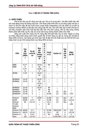 Công Ty TNHH MTV TM & DV Viễn Đông



                          Baøi 4:BỘ XỬ LÝ TRUNG TÂM (CPU)


4.1. GIỚI THIỆU
        CPU là bộ não của PC đúng như tên gọi “bộ xử lý trung tâm”. Nó điều khiển hầu hết
các hoạt động trong hệ thống máy tính. CPU được phát triển trên cơ sở công nghệ chế tạo vi
mạch có độ tích hợp rất lớn VLSI (Very Large Scale Integration) với các phần tử cơ bản là
transitor trường CMOS có độï tiêu hao công suất rất nhỏ. Các CPU hiện đại có thể chế tạo từ
vài triệu transitor nằm trên một lớp bán dẫn nền nhỏ hình vuông. CPU là một trong những
thành phần đắt nhất của PC mặc dù nó là một trong những thành phần nhỏ nhất.
        Hãng sản xuất CPU dùng cho PC hàng đầu thế giới hiện nay là Intel. Ngoài ra cũng
có nhiều hãng khác đang cạnh tranh quyết liệt về tính năng và giá cả, trong đó nổi bật là
hãng AMD và Cyrix. Các bảng sau trình bày một số đặc tính kỹ thuật của các thế hệ CPU của
hãng Intel và các CPU tương thích của hãng AMD và Cyrix.

                                             B
                                             ộ
                                     Bus     n
                   Tốc                                                Tốc
                                      dữ     h
                   độ      Tỷ số                                      độ
                                     liệu    ớ    Cach                        Điện
        CPU        bus    core/b                         Cache L2     cac
                                    trong    c    e L1                        áp lõi
                  (MHz      us                                        he
                                    /ngo     ự
                    )                                                 L2
                                       ài    c
                                             đ
                                             ại
     8086         4,77-      1      16/16    1     No        No         _      5V
     8088           8        1       bit     M     ,,        ,,         ,,      ,,
                  4,77-             16/8b    1
                    8                 it     M
     80286        6-20       1      16/32    1     ,,         ,,        ,,      ,,
                                     bit     6
                                             M
     80386DX      16-33      1      32/32    4     ,,         ,,        ,,      ,,
     80386SX      16-33      1       bit     G     ,,         ,,        ,,      ,,
                                    32/16    ,,
                                     bit
     80486DX      25-50      1      32/32    ,,    8K         ,,        ,,      ,,
     80486SX      25-50      1       bit     ,,    8K         ,,        ,,      ,,
     80486DX2     25-40      2        ,,     ,,    8K        (1)       Bus      ,,
     80486DX4     25-40      3        ,,     ,,   8+8K       (1)       Bus    3,3V
                                      ,,
     Pentium     60/66       1      32/64    ,,   8+8K       (1)       Bus     5V
     60/66       60/66     1,5-3     bit     ,,   8+8K       (1)       Bus   3,3/3,5
     Pentium       66     2,5-3,5     ,,     ,,   16+1       (1)       Bus      V
     75-200                           ,,           6K                         2,8V
     Pentium
     MMX
     Pentium Pro 60/66      2-3        ,,    6    8+8K   256/512K/     Cor    3,3V
     Pentium II 66/10     3,5-4,5      ,,    4    16+1      1M          e    1,8-2,8
     Pentium II     0      4-4,5       ,,    G     6K      512K        ½        V
     Xeon         100     3,5-4,5      ,,    ,,     ,,   512K/1M/2     Cor   1,8-2,8



GIÁO TRÌNH KỸ THUẬT PHẦN CỨNG                                                   Trang 20
 