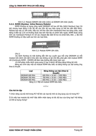 Công Ty TNHH MTV TM & DV Viễn Đông




           Hình 5.2: Module SDRAM-168 chân (trên) và DDRAM-184 chân (dưới).
5.2.3. RIMM (Rambus Inline Memory Module)
       RIMM thường sử dụng công nghệ DRDRAM với bus dữ liệu (kênh Rambus) hẹp (16
bit) nhưng hoạt động ở tốc độ rất cao (tốc độ bus hiệu dụng có thể lên đến 800 MHz).
Module loại này có 184 chân, tiếp xúc với khe cắm trên mainboard theo hai hàng chân, hoạt
động ở điện áp 2,5V và thường được bao bởi một lớp vỏ nhôm bên ngoài. RIMM được dùng
trên các mainboard Pentium IV với các chipset đặc biệt hỗ trợ nó (Intel 820, 850…). Bộ nhớ
RIMM thường có hiệu suất cao hơn các loại khác.




                            Hình 5.3: Module RIMM-184 chân.
        Chú ý:
        -Do kênh Rambus là một đường dẫn liên tục xuyên qua mỗi chip DRDRAM và mỗi
module trên kênh nên bất kì khe cắm nào không có bộ nhớ đều phải gắn một module RIMM
nối (Continuity RIMM - CRIMM) để đảm bảo đường dẫn được toàn vẹn.
        -Có thể ghép nhiều kênh song song (2 hay 4 kênh) để tăng băng thông bộ nhớ.
        Bảng sau trình bày một số module RIMM tiêu biểu và băng thông cực đại tương ứng
theo lý thuyết.

                        Loại           Băng thông cực đại (theo lý
                                                 thuyết)
              DRDRAM 600 MHz          600 MHz x 16 bit = 1200 MB/s
              DRDRAM 700 MHz          700 MHz x 16 bit = 1400 MB/s
              DRDRAM 800 MHz          800 MHz x 16 bit = 1600 MB/s
                      Bảng 5.3: Một số module RIMM tiêu biểu.

                                         

Câu hỏi ôn tập
1.Chức năng của bộ nhớ trong PC? Kể tên các loại bộ nhớ và ứng dụng của nó trong PC?
2.Có mấy loại module bộ nhớ? Đặc điểm nhận dạng và tốc độ bus của từng loại? Hệ thống
có thể sử dụng chúng?




GIÁO TRÌNH KỸ THUẬT PHẦN CỨNG                                                  Trang 28
 