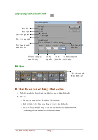 Công cụ chạy chữ roll and Crawl
Text tĩnh
Text cuộn
Chạy text qua trái
Chạy text qua phải
Text chạy từ ngoài
màn hình vào
Text chạy ra khỏi
màn hình
Số frame dừng text Tốc độ Tốc độ Số frame dừng text
trước khi chạy tăng dần giảm dần sau khi chạy
Title Styles
Click nút tam giác
để lưu Style mới
II. Thao tác cơ bản với bảng Effect control
 Tính chất: tạo chuyển động cho các clip, diễn hoạt opacity, hiệu chỉnh audio
 Thao tác:
o Tác hoạt clip trong timeline  mở bảng Effect Controls
o Định vị trí đầu click biểu tượng đồng hồ trước tên lệnh đặt key đầu
o Dời vị trí đầu đọc thay đổi thông số của lệnh hoặc thao tác trực tiếp trên màn hình
(tác hoạtngayvào lệnh Motion đểthao tácchuộttrên màn hình)
Giáo trình Adobe Premiere Trang 23
 