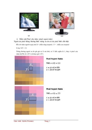  Điểm ảnh Pixel cho video (pixel aspect ratio)
Ngoài các pixel thông thường hình vuông ta còn có các pixel hình chữ nhật
Đối với video người ta quy ước X = chiều rộngcủapixel , Y = chiều cao củapixel
Ví dụ: X/Y = 2:1
Thông thường người ta chỉ ghi giá trị X mà thôi, và Y hiểu ngầm là 1, thay vì pixel của
video hệ PAL là 1.07:1 chỉ được ghi 1.07)
Giáo trình Adobe Premiere Trang 3
 