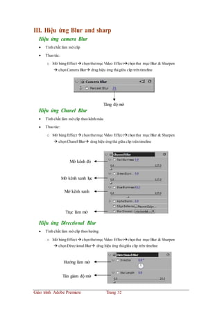 III. Hiệu ứng Blur and sharp
Hiệu ứng camera Blur
 Tínhchất:làm mờ clip
 Thaotác:
o Mở bảng Effect  chọnthư mục Video Effectchọnthư mục Blur & Sharpen
 chọnCamera Blur drag hiệu ứng thảgiữa clip trêntimeline
Tăng độ mờ
Hiệu ứng Chanel Blur
 Tínhchất:làm mờ clip theokênhmàu
 Thaotác:
o Mở bảng Effect  chọnthư mục Video Effectchọnthư mục Blur & Sharpen
 chọnChanel Blur draghiệu ứng thả giữa clip trêntimeline
Mờ kênh đỏ
Mờ kênh xanh lục
Mờ kênh xanh
Trục làm mờ
Hiệu ứng Directional Blur
 Tínhchất:làm mờ clip theohướng
o Mở bảng Effect  chọnthư mục Video Effectchọnthư mục Blur & Sharpen
 chọnDirectional Blur drag hiệu ứng thảgiữa clip trêntimeline
Hướng làm mờ
Tăn giảm độ mờ
Giáo trình Adobe Premiere Trang 32
 