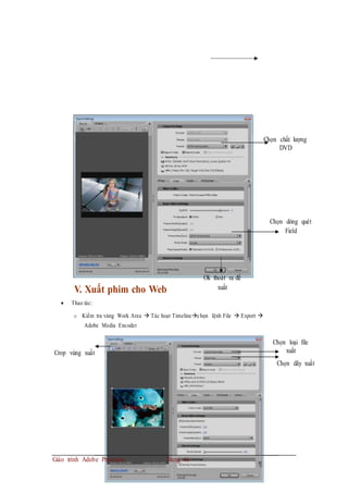 Chọn chất lượng
DVD
Chọn dòng quét
Field
Ok thoát ra để
V. Xuất phim cho Web xuất
 Thao tác:
o Kiểm tra vùng Work Area  Tác hoạt Timelinechọn lệnh File  Export 
Adobe Media Encoder
Chọn loại file
Crop vùng xuất xuất
Chọn dãy xuất
Giáo trình Adobe Premiere Trang 46
 