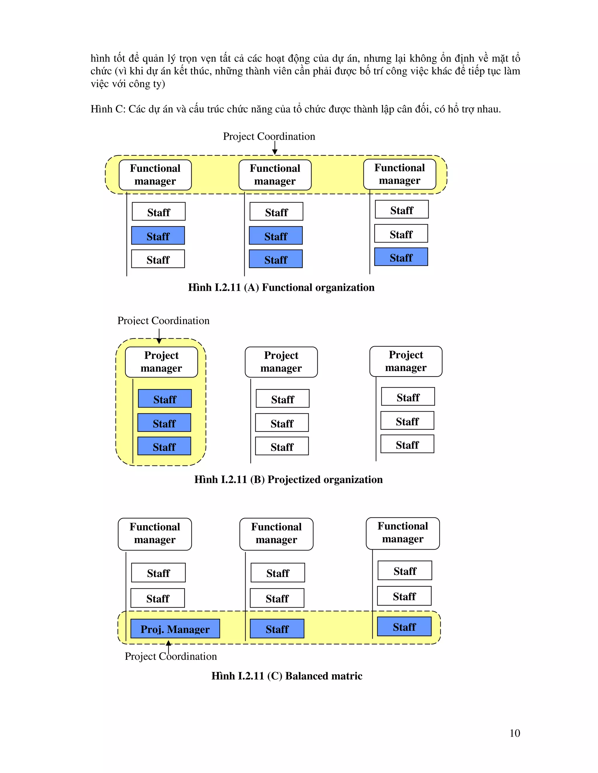 10
hình t t qu n lý tr n v n t t c các ho t ng c a d án, nhưng l i không n nh v m t t
ch c (vì khi d án k t thúc, nh ng thành viên c n ph i ư c b trí công vi c khác ti p t c làm
vi c v i công ty)
Hình C: Các d án và c u trúc ch c năng c a t ch c ư c thành l p cân i, có h tr nhau.
Functional
manager
Functional
manager
Functional
manager
Staff
Staff
Staff
Staff
Staff
Staff
Staff
Staff
Staff
Project Coordination
Hình I.2.11 (A) Functional organization
Project
manager
Project
manager
Project
manager
Staff
Staff
Staff
Staff
Staff
Staff
Staff
Staff
Staff
Project Coordination
Hình I.2.11 (B) Projectized organization
Functional
manager
Functional
manager
Functional
manager
Staff
Staff
Proj. Manager
Staff
Staff
Staff
Staff
Staff
Staff
Hình I.2.11 (C) Balanced matric
Project Coordination
 