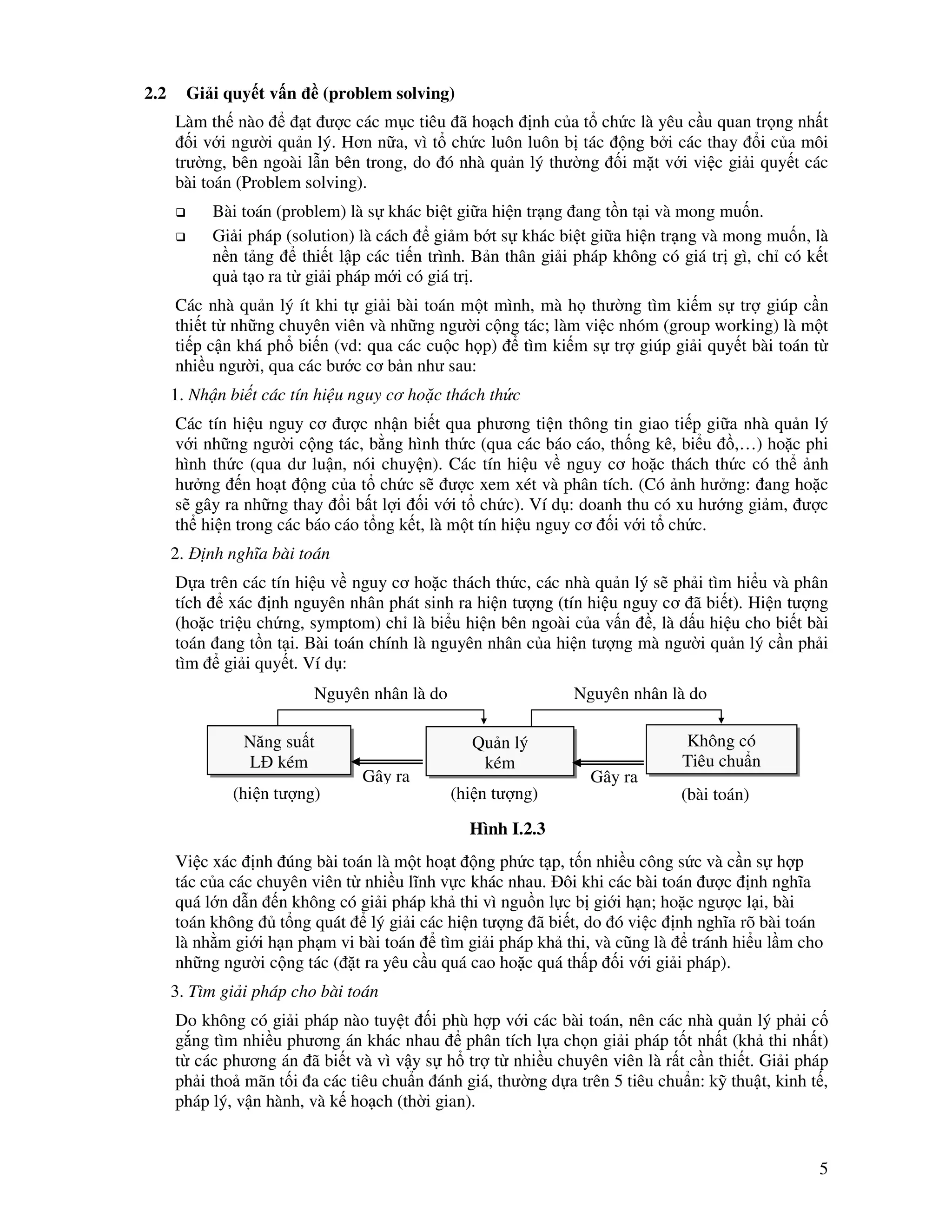 5
2.2 Gi i quy t v n (problem solving)
Làm th nào t ư c các m c tiêu ã ho ch nh c a t ch c là yêu c u quan tr ng nh t
i v i ngư i qu n lý. Hơn n a, vì t ch c luôn luôn b tác ng b i các thay i c a môi
trư ng, bên ngoài l n bên trong, do ó nhà qu n lý thư ng i m t v i vi c gi i quy t các
bài toán (Problem solving).
Bài toán (problem) là s khác bi t gi a hi n tr ng ang t n t i và mong mu n.
Gi i pháp (solution) là cách gi m b t s khác bi t gi a hi n tr ng và mong mu n, là
n n t ng thi t l p các ti n trình. B n thân gi i pháp không có giá tr gì, ch có k t
qu t o ra t gi i pháp m i có giá tr .
Các nhà qu n lý ít khi t gi i bài toán m t mình, mà h thư ng tìm ki m s tr giúp c n
thi t t nh ng chuyên viên và nh ng ngư i c ng tác; làm vi c nhóm (group working) là m t
ti p c n khá ph bi n (vd: qua các cu c h p) tìm ki m s tr giúp gi i quy t bài toán t
nhi u ngư i, qua các bư c cơ b n như sau:
1. Nh n bi t các tín hi u nguy cơ ho c thách th c
Các tín hi u nguy cơ ư c nh n bi t qua phương ti n thông tin giao ti p gi a nhà qu n lý
v i nh ng ngư i c ng tác, b ng hình th c (qua các báo cáo, th ng kê, bi u ,…) ho c phi
hình th c (qua dư lu n, nói chuy n). Các tín hi u v nguy cơ ho c thách th c có th nh
hư ng n ho t ng c a t ch c s ư c xem xét và phân tích. (Có nh hư ng: ang ho c
s gây ra nh ng thay i b t l i i v i t ch c). Ví d : doanh thu có xu hư ng gi m, ư c
th hi n trong các báo cáo t ng k t, là m t tín hi u nguy cơ i v i t ch c.
2. nh nghĩa bài toán
D a trên các tín hi u v nguy cơ ho c thách th c, các nhà qu n lý s ph i tìm hi u và phân
tích xác nh nguyên nhân phát sinh ra hi n tư ng (tín hi u nguy cơ ã bi t). Hi n tư ng
(ho c tri u ch ng, symptom) ch là bi u hi n bên ngoài c a v n , là d u hi u cho bi t bài
toán ang t n t i. Bài toán chính là nguyên nhân c a hi n tư ng mà ngư i qu n lý c n ph i
tìm gi i quy t. Ví d :
Vi c xác nh úng bài toán là m t ho t ng ph c t p, t n nhi u công s c và c n s h p
tác c a các chuyên viên t nhi u lĩnh v c khác nhau. ôi khi các bài toán ư c nh nghĩa
quá l n d n n không có gi i pháp kh thi vì ngu n l c b gi i h n; ho c ngư c l i, bài
toán không t ng quát lý gi i các hi n tư ng ã bi t, do ó vi c nh nghĩa rõ bài toán
là nh m gi i h n ph m vi bài toán tìm gi i pháp kh thi, và cũng là tránh hi u l m cho
nh ng ngư i c ng tác ( t ra yêu c u quá cao ho c quá th p i v i gi i pháp).
3. Tìm gi i pháp cho bài toán
Do không có gi i pháp nào tuy t i phù h p v i các bài toán, nên các nhà qu n lý ph i c
g ng tìm nhi u phương án khác nhau phân tích l a ch n gi i pháp t t nh t (kh thi nh t)
t các phương án ã bi t và vì v y s h tr t nhi u chuyên viên là r t c n thi t. Gi i pháp
ph i tho mãn t i a các tiêu chu n ánh giá, thư ng d a trên 5 tiêu chu n: k thu t, kinh t ,
pháp lý, v n hành, và k ho ch (th i gian).
Năng su t
L kém
Qu n lý
kém
Không có
Tiêu chu n
(hi n tư ng) (bài toán)(hi n tư ng)
Nguyên nhân là do Nguyên nhân là do
Gây ra Gây ra
Hình I.2.3
 