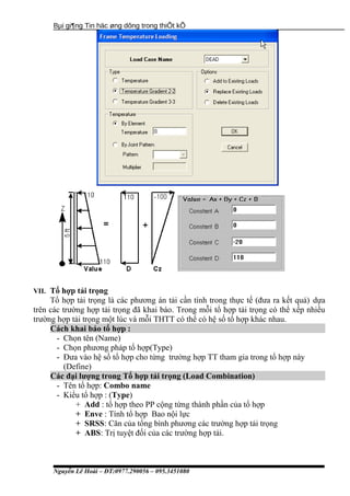 Bµi gi¶ng Tin häc øng dông trong thiÕt kÕ
VII. Tổ hợp tải trọng
Tổ hợp tải trọng là các phương án tải cần tính trong thực tế (đưa ra kết quả) dựa
trên các trường hợp tải trọng đã khai báo. Trong mỗi tổ hợp tải trọng có thể xếp nhiều
trường hợp tải trọng một lúc và mỗi THTT có thể có hệ số tổ hợp khác nhau.
Cách khai báo tổ hợp :
- Chọn tên (Name)
- Chọn phương pháp tổ hợp(Type)
- Đưa vào hệ số tổ hợp cho từng trường hợp TT tham gia trong tổ hợp này
(Define)
Các đại lượng trong Tổ hợp tải trọng (Load Combination)
- Tên tổ hợp: Combo name
- Kiểu tổ hợp : (Type)
+ Add : tổ hợp theo PP cộng từng thành phần của tổ hợp
+ Enve : Tính tổ hợp Bao nội lực
+ SRSS: Căn của tổng bình phương các trường hợp tải trọng
+ ABS: Trị tuyệt đối của các trường hợp tải.
Nguyễn Lê Hoài – ĐT:0977.290056 – 095.3451080
 
