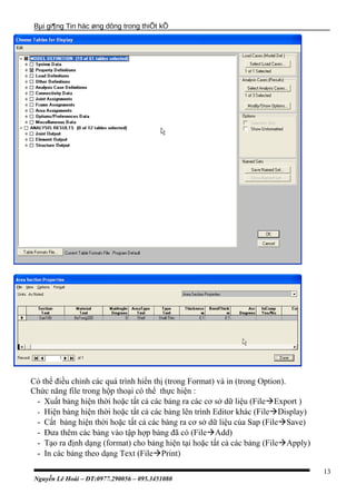 Bµi gi¶ng Tin häc øng dông trong thiÕt kÕ
Có thể điều chỉnh các quá trình hiển thị (trong Format) và in (trong Option).
Chức năng file trong hộp thoại có thể thực hiện :
- Xuất bảng hiện thời hoặc tất cả các bảng ra các cơ sở dữ liệu (FileExport )
- Hiện bảng hiện thời hoặc tất cả các bảng lên trình Editor khác (FileDisplay)
- Cất bảng hiện thời hoặc tất cả các bảng ra cơ sở dữ liệu của Sap (FileSave)
- Đưa thêm các bảng vào tập hợp bảng đã có (FileAdd)
- Tạo ra định dạng (format) cho bảng hiện tại hoặc tất cả các bảng (FileApply)
- In các bảng theo dạng Text (FilePrint)
Nguyễn Lê Hoài – ĐT:0977.290056 – 095.3451080
13
 