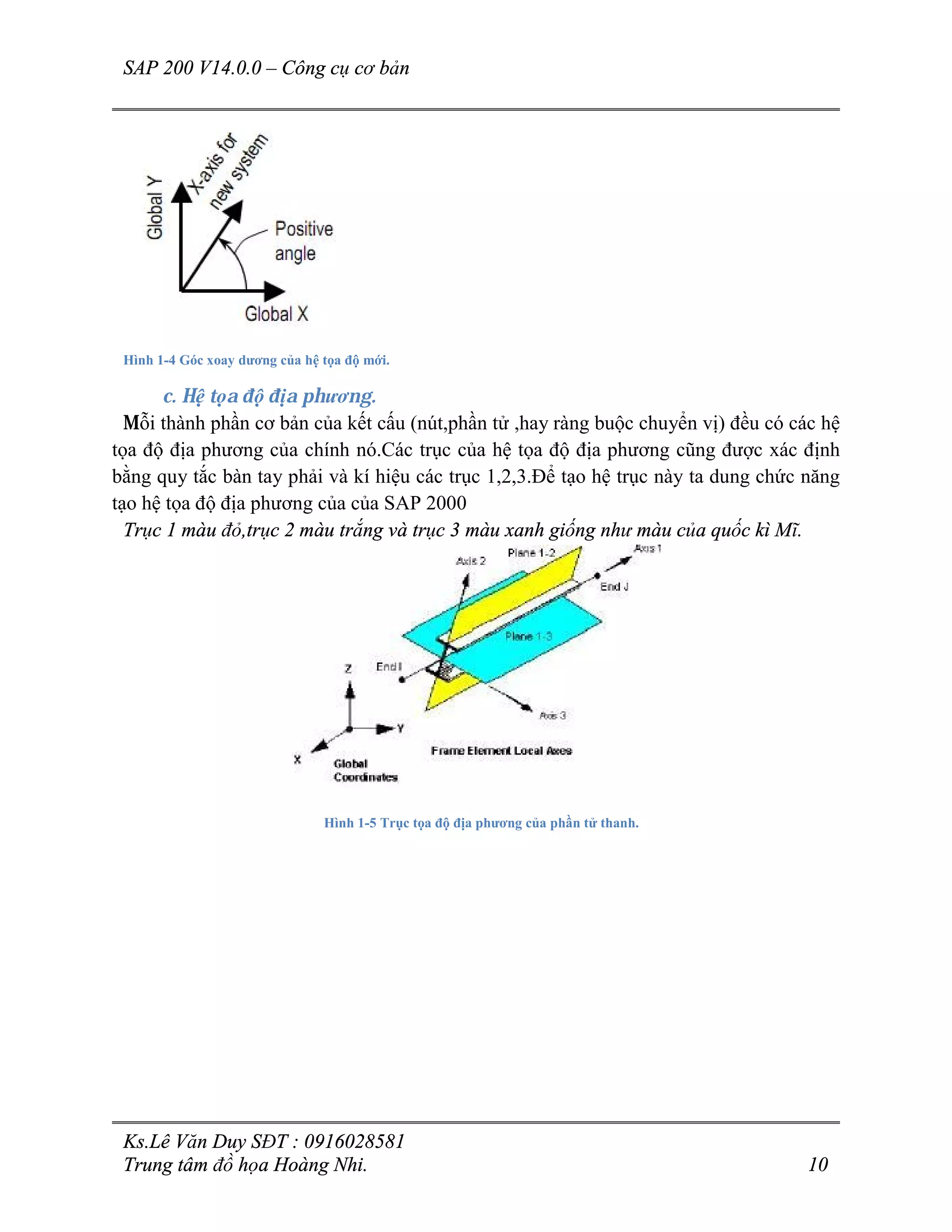 SAP 200 V14.0.0 – Công cụ cơ bản
Ks.Lê Văn Duy SĐT : 0916028581
Trung tâm đồ họa Hoàng Nhi. 10
Hình 1-4 Góc xoay dương của hệ tọa độ mới.
c. Hệ tọa độ địa phương.
Mỗi thành phần cơ bản của kết cấu (nút,phần tử ,hay ràng buộc chuyển vị) đều có các hệ
tọa độ địa phương của chính nó.Các trục của hệ tọa độ địa phương cũng được xác định
bằng quy tắc bàn tay phải và kí hiệu các trục 1,2,3.Để tạo hệ trục này ta dung chức năng
tạo hệ tọa độ địa phương của của SAP 2000
Trục 1 màu đỏ,trục 2 màu trắng và trục 3 màu xanh giống như màu của quốc kì Mĩ.
Hình 1-5 Trục tọa độ địa phương của phần tử thanh.
 