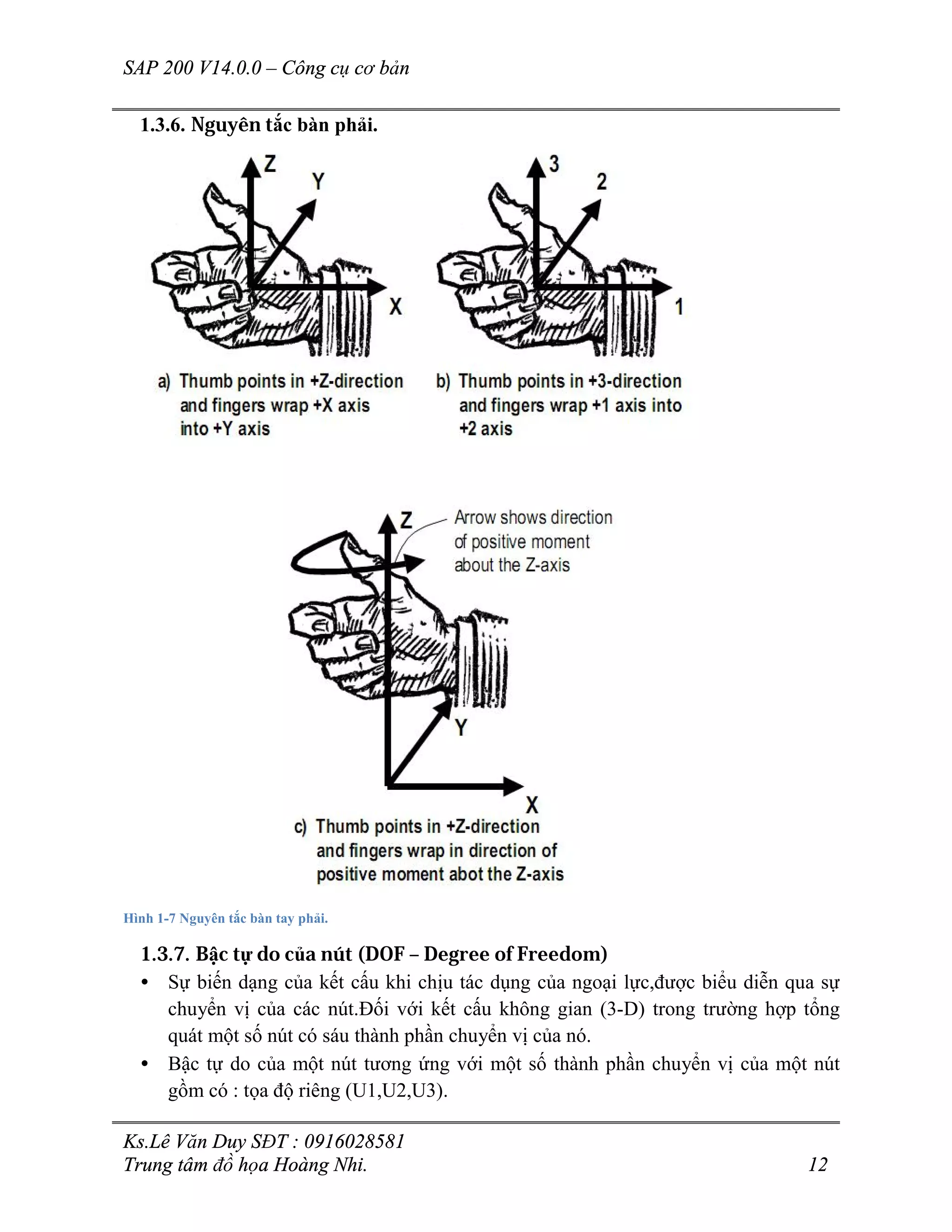 SAP 200 V14.0.0 – Công cụ cơ bản
Ks.Lê Văn Duy SĐT : 0916028581
Trung tâm đồ họa Hoàng Nhi. 12
1.3.6. Nguyên tắc bàn phải.
Hình 1-7 Nguyên tắc bàn tay phải.
1.3.7. Bậc tự do của nút (DOF – Degree of Freedom)
• Sự biến dạng của kết cấu khi chịu tác dụng của ngoại lực,được biểu diễn qua sự
chuyển vị của các nút.Đối với kết cấu không gian (3-D) trong trường hợp tổng
quát một số nút có sáu thành phần chuyển vị của nó.
• Bậc tự do của một nút tương ứng với một số thành phần chuyển vị của một nút
gồm có : tọa độ riêng (U1,U2,U3).
 