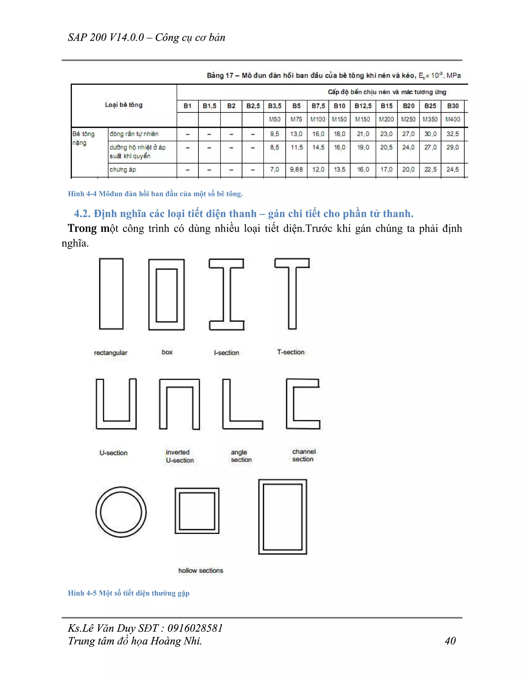 SAP 200 V14.0.0 – Công cụ cơ bản
Ks.Lê Văn Duy SĐT : 0916028581
Trung tâm đồ họa Hoàng Nhi. 40
Hình 4-4 Môđun đàn hồi ban đầu của một số bê tông.
4.2. Định nghĩa các loại tiết diện thanh – gán chi tiết cho phần tử thanh.
Trong một công trình có dùng nhiều loại tiết diện.Trước khi gán chúng ta phải định
nghĩa.
Hình 4-5 Một số tiết diện thường gặp
 