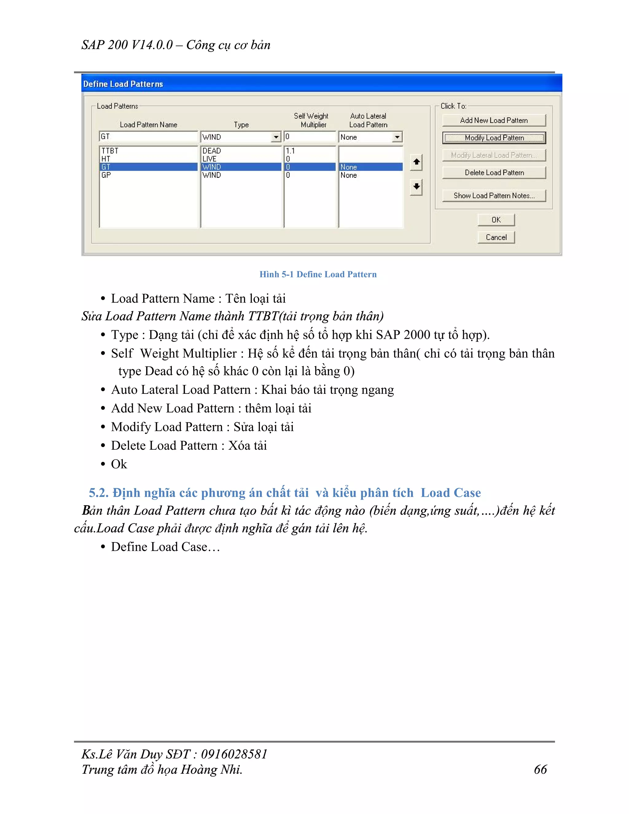 SAP 200 V14.0.0 – Công cụ cơ bản
Ks.Lê Văn Duy SĐT : 0916028581
Trung tâm đồ họa Hoàng Nhi. 66
Hình 5-1 Define Load Pattern
• Load Pattern Name : Tên loại tải
Sửa Load Pattern Name thành TTBT(tải trọng bản thân)
• Type : Dạng tải (chỉ để xác định hệ số tổ hợp khi SAP 2000 tự tổ hợp).
• Self Weight Multiplier : Hệ số kể đến tải trọng bản thân( chỉ có tải trọng bản thân
type Dead có hệ số khác 0 còn lại là bằng 0)
• Auto Lateral Load Pattern : Khai báo tải trọng ngang
• Add New Load Pattern : thêm loại tải
• Modify Load Pattern : Sửa loại tải
• Delete Load Pattern : Xóa tải
• Ok
5.2. Định nghĩa các phương án chất tải và kiểu phân tích Load Case
Bản thân Load Pattern chưa tạo bất kì tác động nào (biến dạng,ứng suất,….)đến hệ kết
cấu.Load Case phải được định nghĩa để gán tải lên hệ.
• Define Load Case…
 