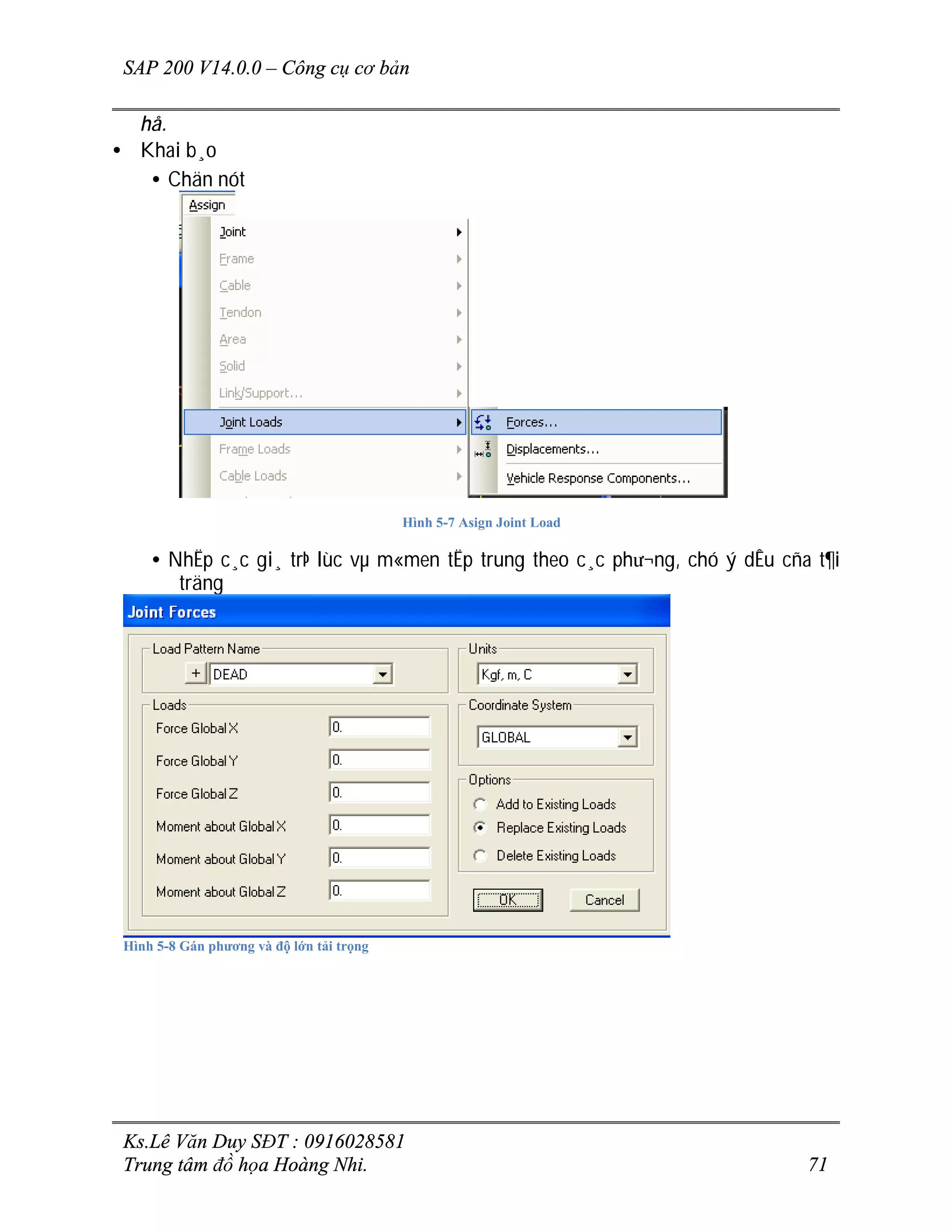 SAP 200 V14.0.0 – Công cụ cơ bản
Ks.Lê Văn Duy SĐT : 0916028581
Trung tâm đồ họa Hoàng Nhi. 71
hå.
• Khai b¸o
• Chän nót
Hình 5-7 Asign Joint Load
• NhËp c¸c gi¸ trÞ lùc vµ m«men tËp trung theo c¸c ph­¬ng, chó ý dÊu cña t¶i
träng
Hình 5-8 Gán phương và độ lớn tải trọng
 