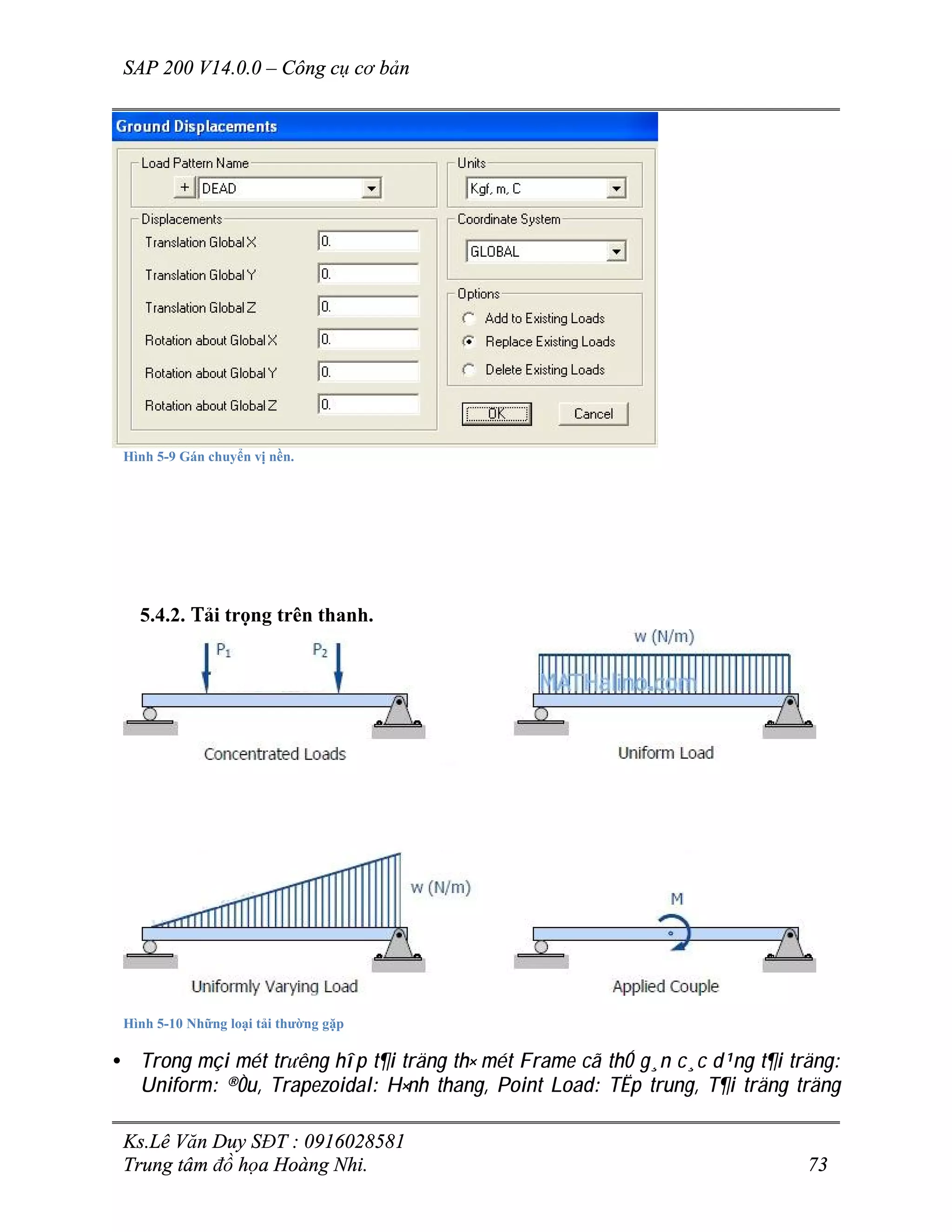 SAP 200 V14.0.0 – Công cụ cơ bản
Ks.Lê Văn Duy SĐT : 0916028581
Trung tâm đồ họa Hoàng Nhi. 73
Hình 5-9 Gán chuyển vị nền.
5.4.2. Tải trọng trên thanh.
Hình 5-10 Những loại tải thường gặp
• Trong mçi mét tr­êng hîp t¶i träng th× mét Frame cã thÓ g¸n c¸c d¹ng t¶i träng:
Uniform: ®Òu, Trapezoidal: H×nh thang, Point Load: TËp trung, T¶i träng träng
 