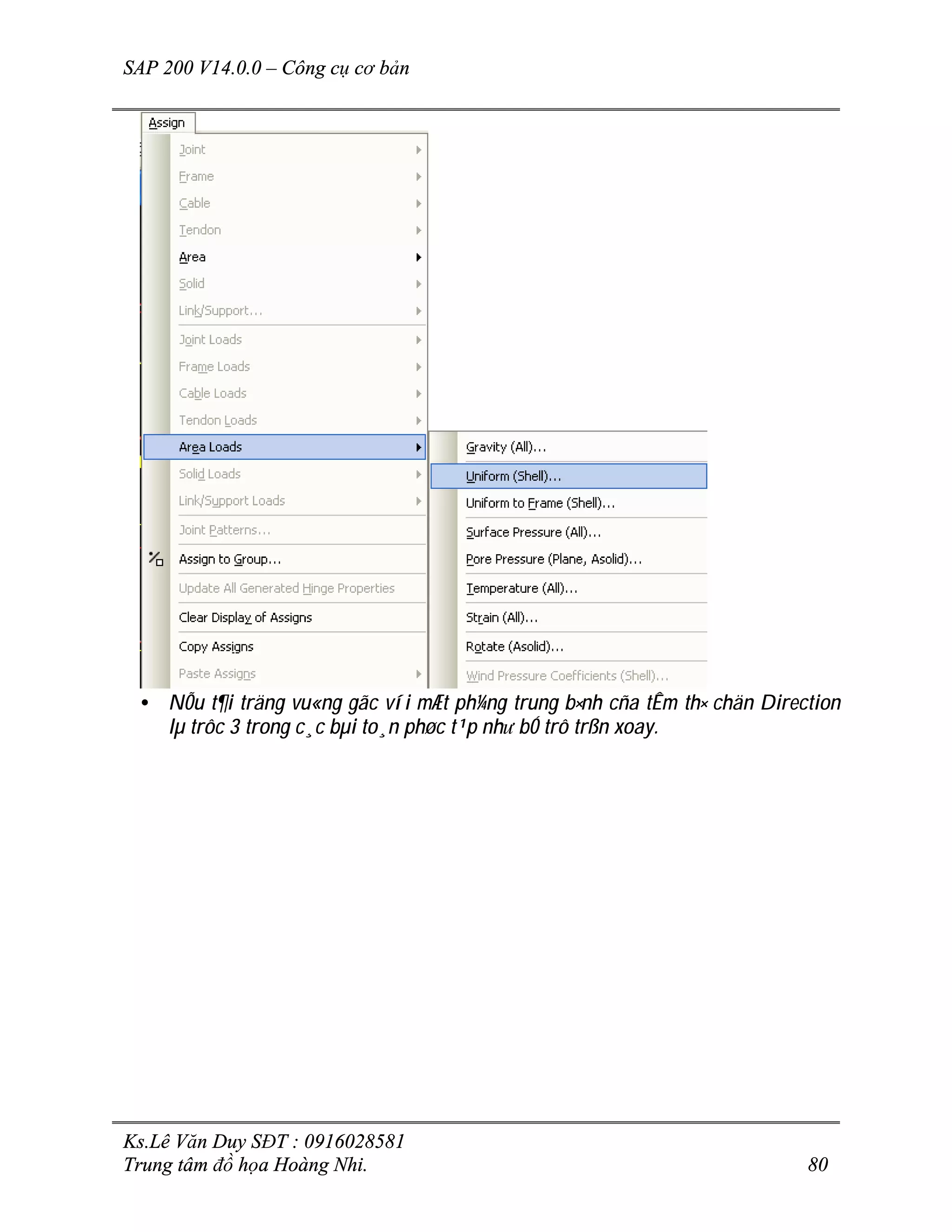 SAP 200 V14.0.0 – Công cụ cơ bản
Ks.Lê Văn Duy SĐT : 0916028581
Trung tâm đồ họa Hoàng Nhi. 80
• NÕu t¶i träng vu«ng gãc víi mÆt ph¼ng trung b×nh cña tÊm th× chän Direction
lµ trôc 3 trong c¸c bµi to¸n phøc t¹p nh­ bÓ trô trßn xoay.
 