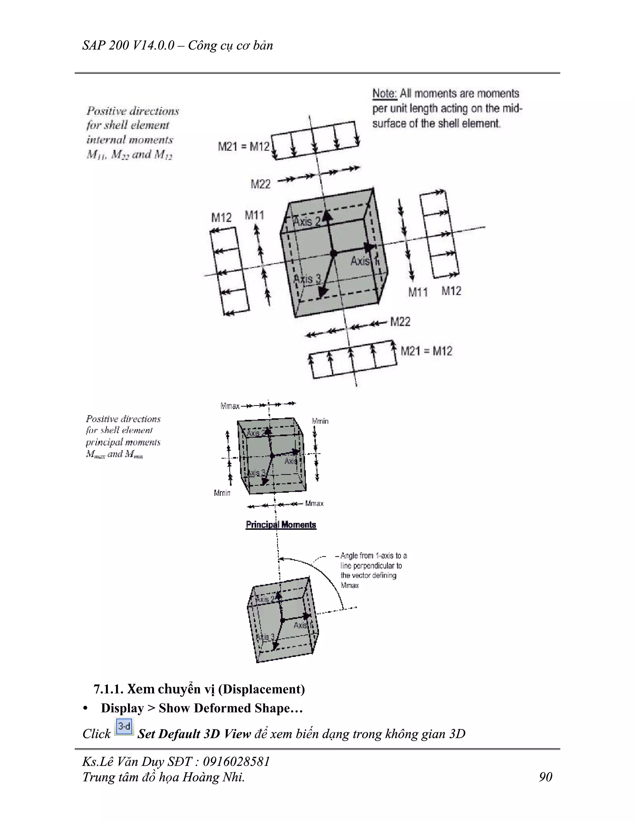 SAP 200 V14.0.0 – Công cụ cơ bản
Ks.Lê Văn Duy SĐT : 0916028581
Trung tâm đồ họa Hoàng Nhi. 90
7.1.1. Xem chuyển vị (Displacement)
• Display > Show Deformed Shape…
Click Set Default 3D View để xem biến dạng trong không gian 3D
 
