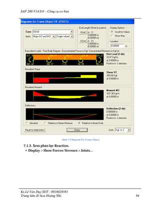 SAP 200 V14.0.0 – Công cụ cơ bản
Ks.Lê Văn Duy SĐT : 0916028581
Trung tâm đồ họa Hoàng Nhi. 94
Hình 7-3 Diagrám For Frame Object.
7.1.3. Xem phản lực Reaction.
• Display > Show Forces/Stresses > Joints…
 