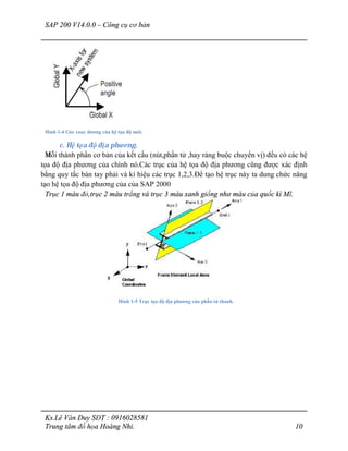 SAP 200 V14.0.0 – Công cụ cơ bản
Ks.Lê Văn Duy SĐT : 0916028581
Trung tâm đồ họa Hoàng Nhi. 10
Hình 1-4 Góc xoay dương của hệ tọa độ mới.
c. Hệ tọa độ địa phương.
Mỗi thành phần cơ bản của kết cấu (nút,phần tử ,hay ràng buộc chuyển vị) đều có các hệ
tọa độ địa phương của chính nó.Các trục của hệ tọa độ địa phương cũng được xác định
bằng quy tắc bàn tay phải và kí hiệu các trục 1,2,3.Để tạo hệ trục này ta dung chức năng
tạo hệ tọa độ địa phương của của SAP 2000
Trục 1 màu đỏ,trục 2 màu trắng và trục 3 màu xanh giống như màu của quốc kì Mĩ.
Hình 1-5 Trục tọa độ địa phương của phần tử thanh.
 